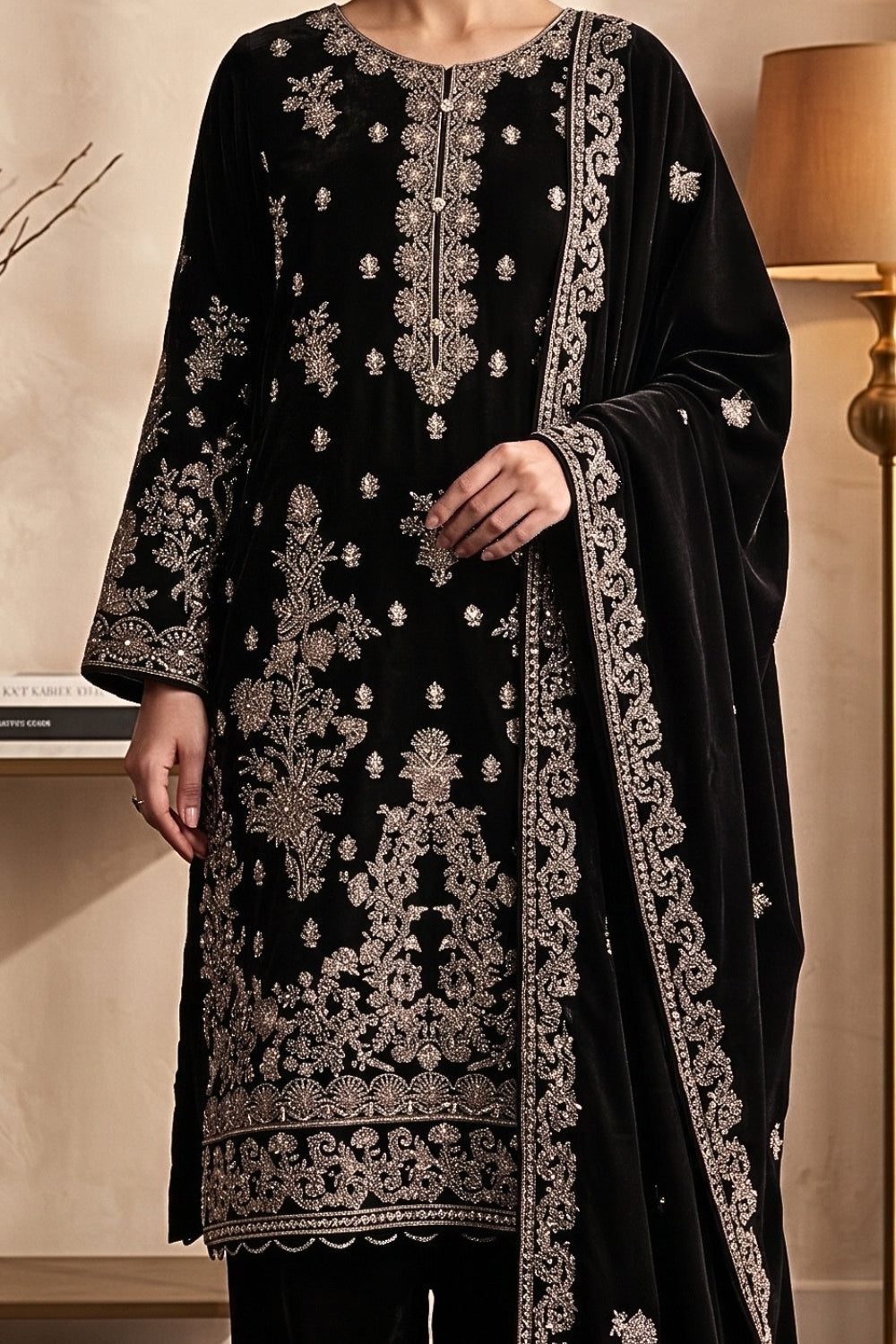 Mushtaq 3Pcs Unstitched Velvet Fancy suit Desgin - 1