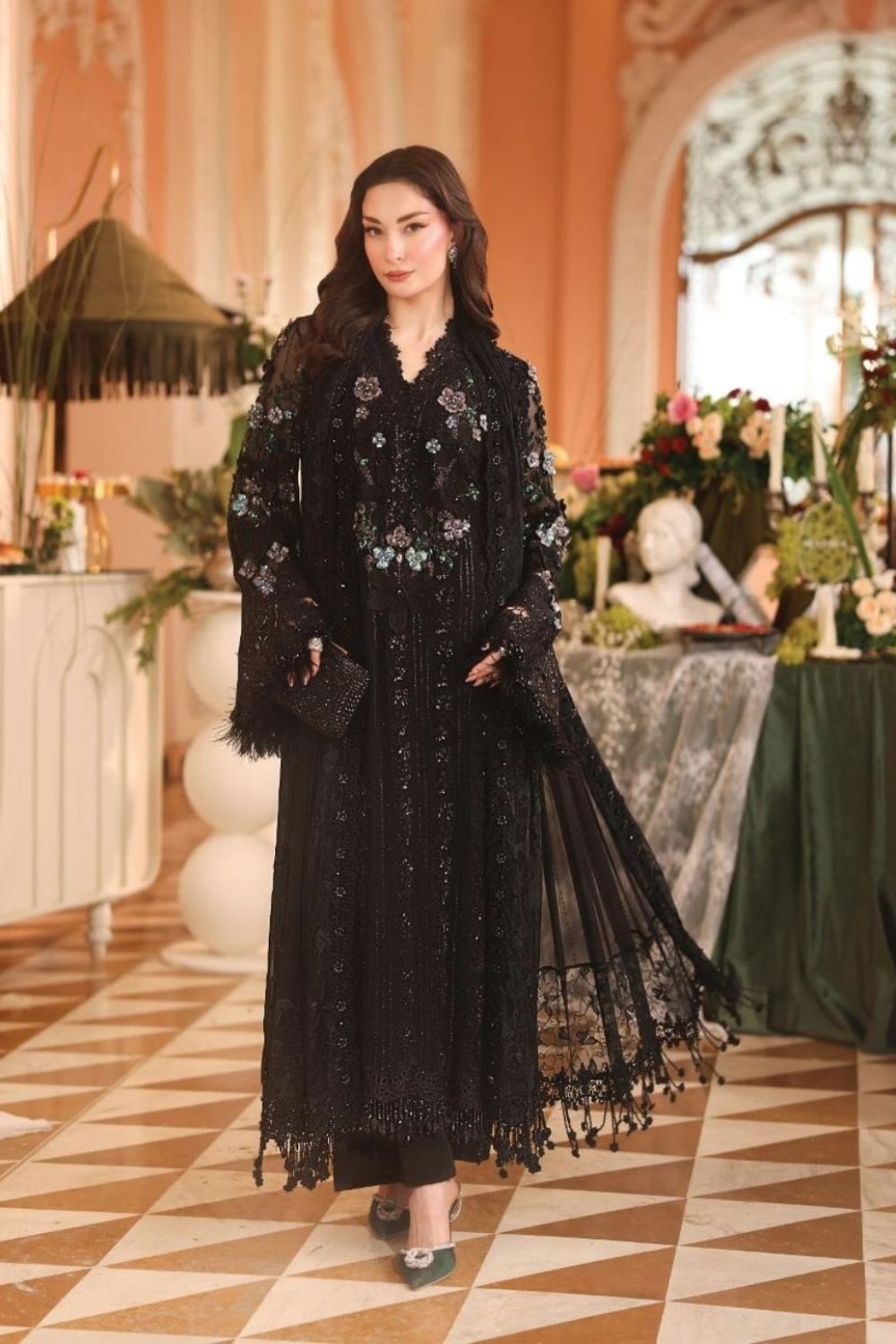 Maria B Royale Tea Affair 3 Piece Unstitched Embroidered Luxury Chiffon Suit MPC-26-204-Black