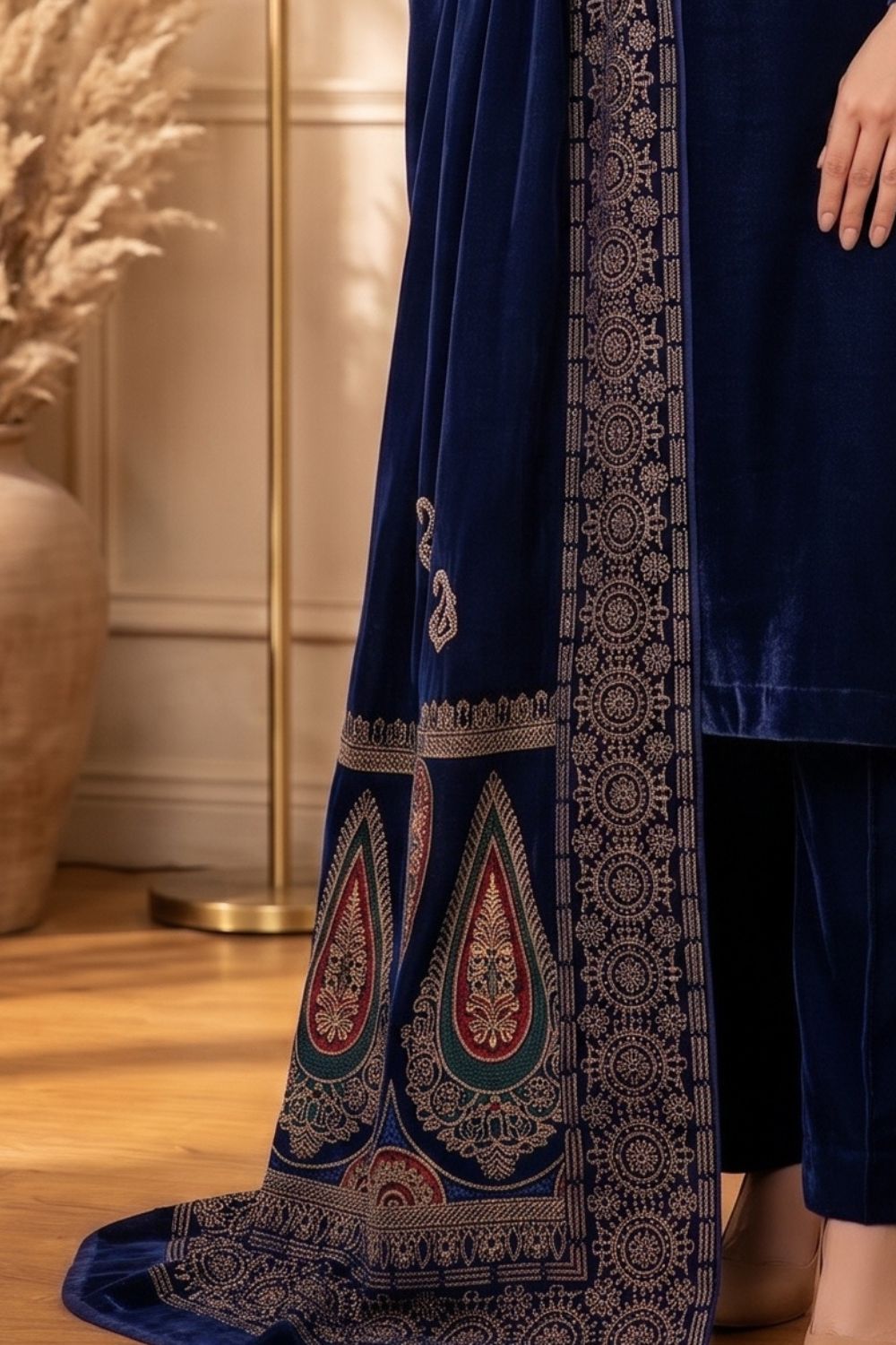 Mushtaq 3Pcs Unstitched Velvet Plain suit Printed Shawl Desgin - 1