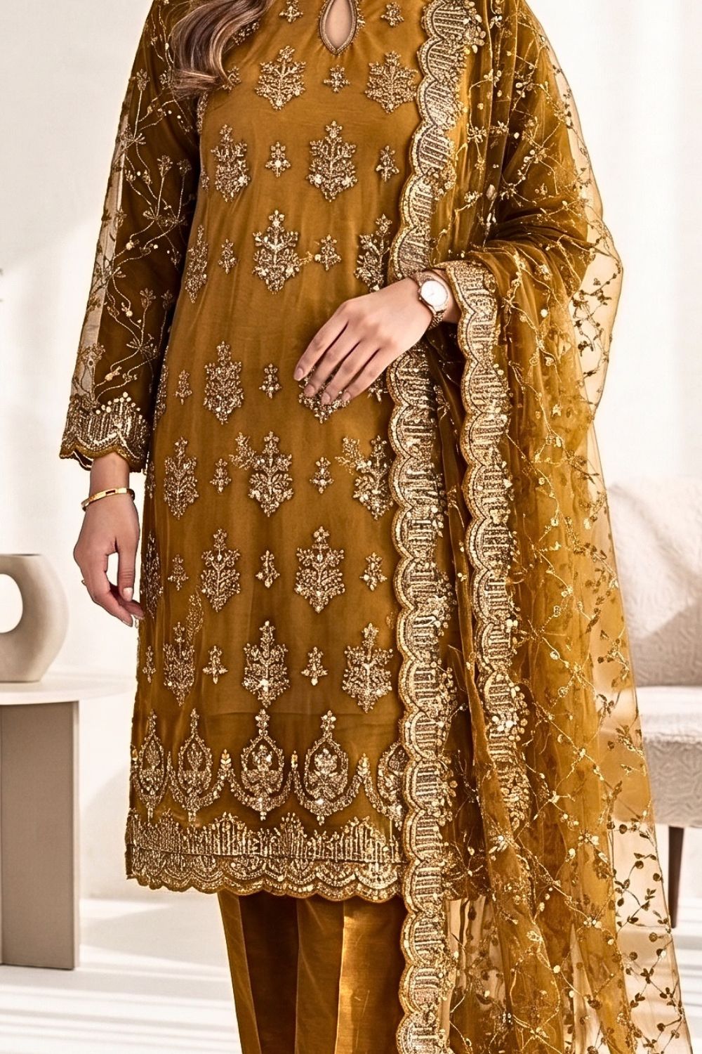 Mushtaq 3Pcs Unstitched Net Suit with Moti work Jasmine Party Wear Collection Desgin - 1