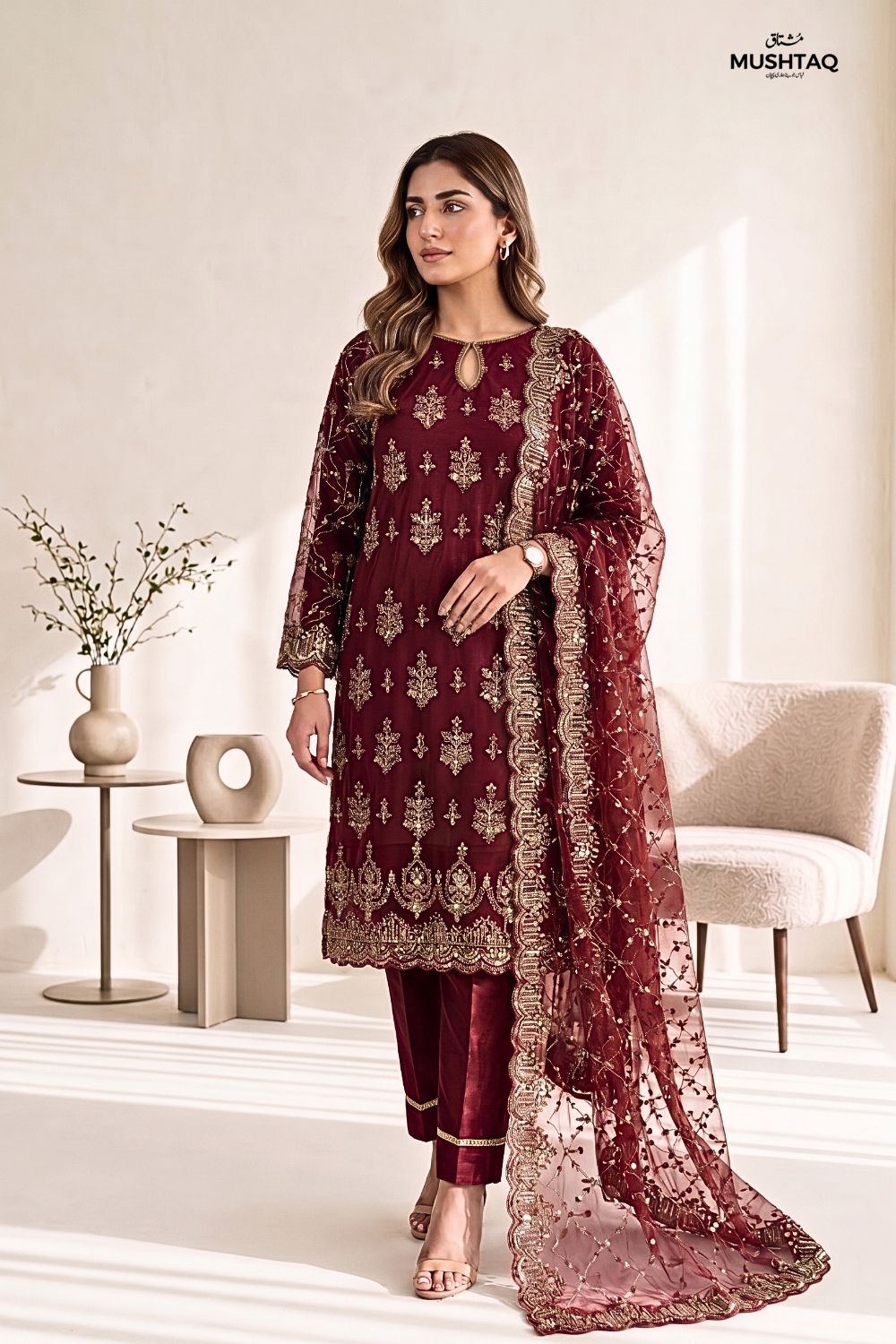 Mushtaq 3Pcs Unstitched Net Suit with Moti work Jasmine Party Wear Collection Desgin - 2