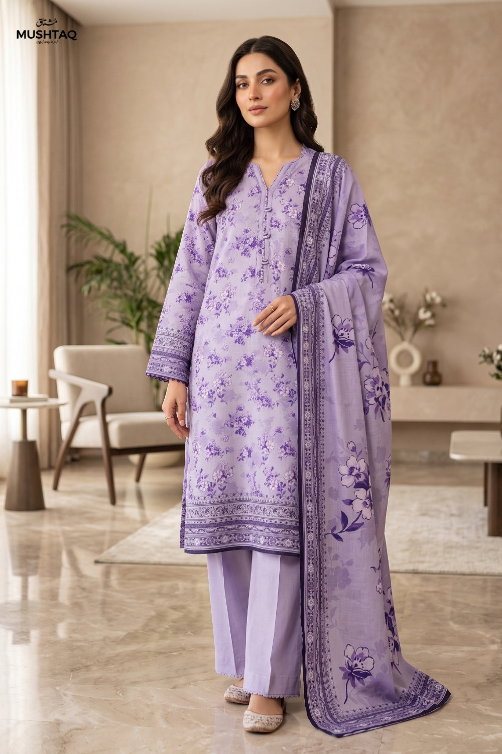 Mushtaq 3Pcs Unstitched Printed Slub Linen Aiza Collection Desgin - 2