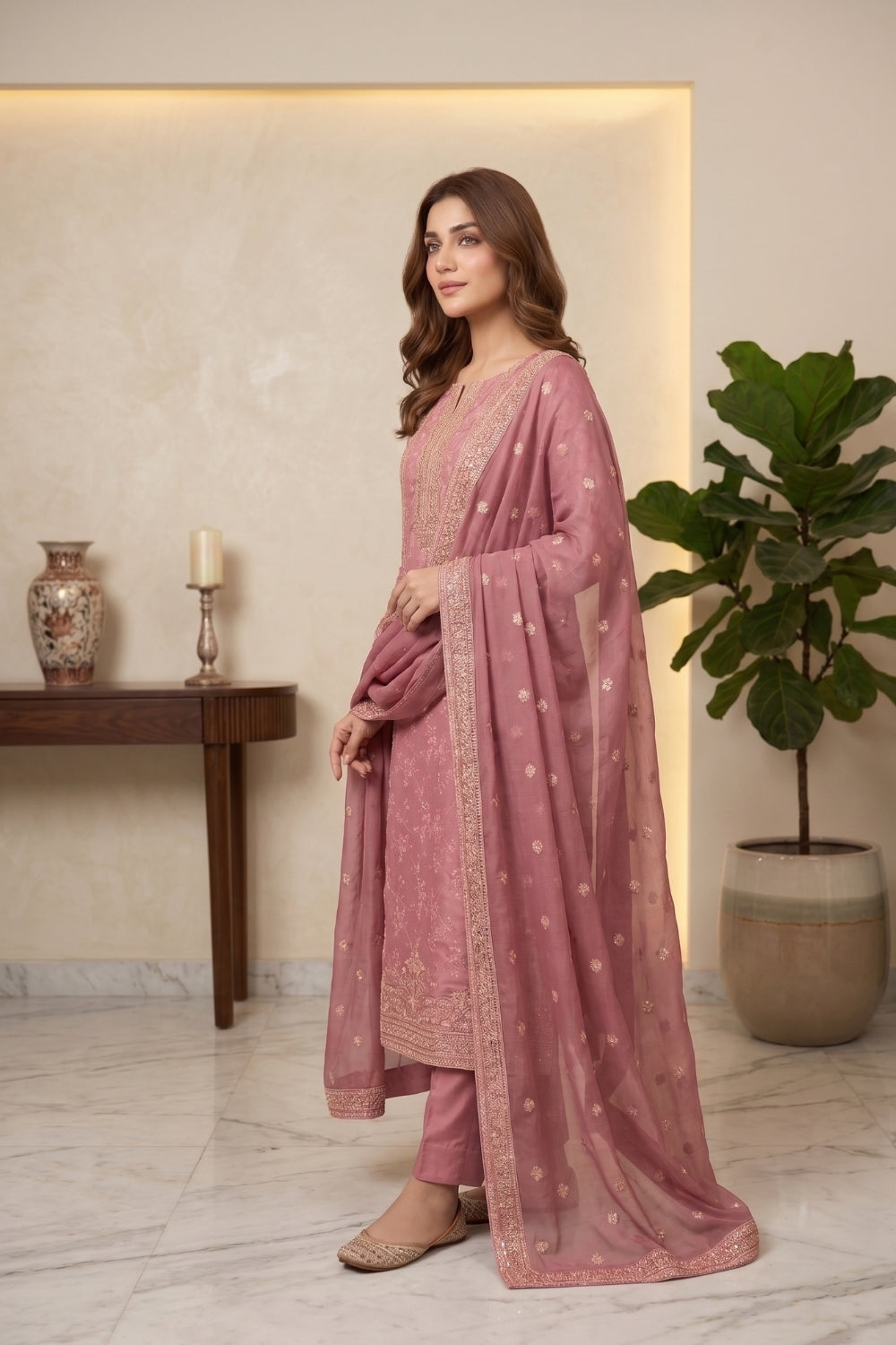 Mushtaq 3Pcs Unstitched China Pqati Suit with chiffon duppata Sophia Collection Desgin - 2