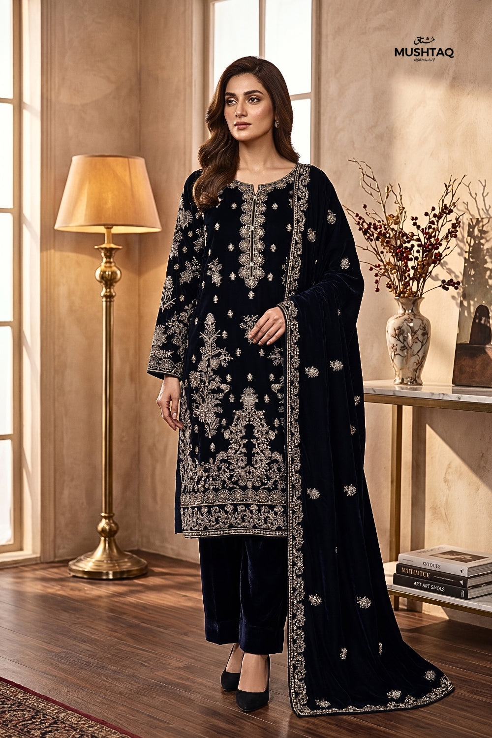 Mushtaq 3Pcs Unstitched Velvet Fancy suit Desgin - 2