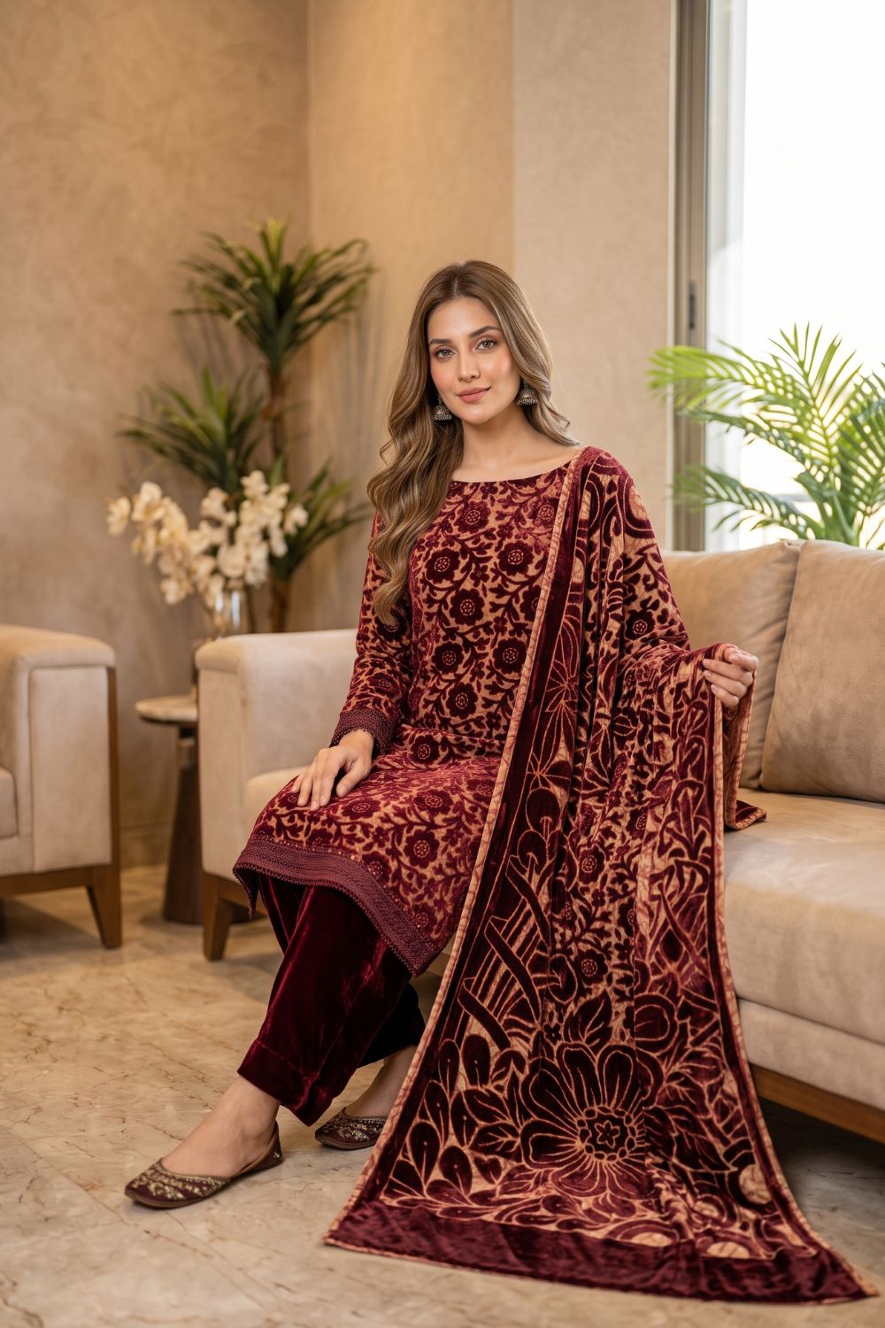 3Pcs Unstitched Printed Plachi Stuff with Shaneel velvet trouser Desgin - 2