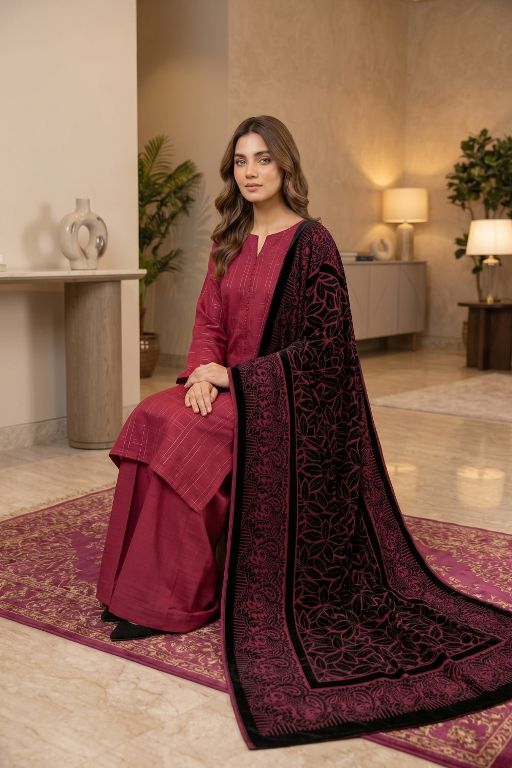 Mushtaq 3Pcs Unstitched Plain Marina with Palachi Dupatta Libaas Collection Desin - 2