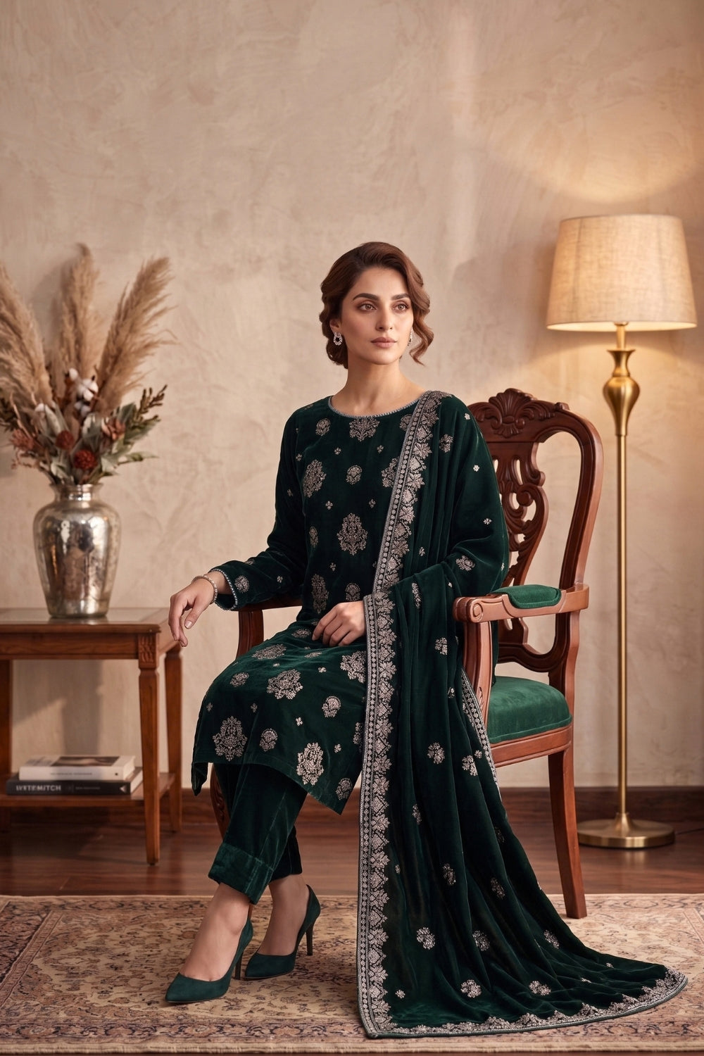 Mushtaq 3Pcs Unstitched Carman Velvet Fancy suit Desgin - 2