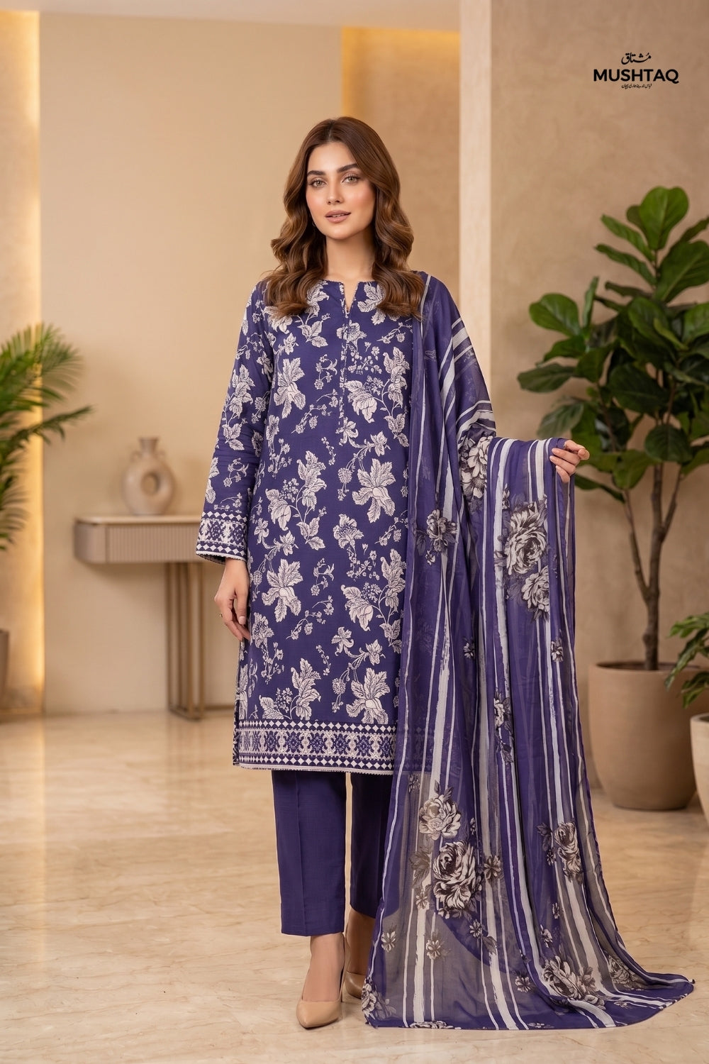 Mushtaq 3Pcs Unstitched Printed Viscouse Linen Suit with chiffon duppata Noor-e-Aroos Collection Desgin - 2