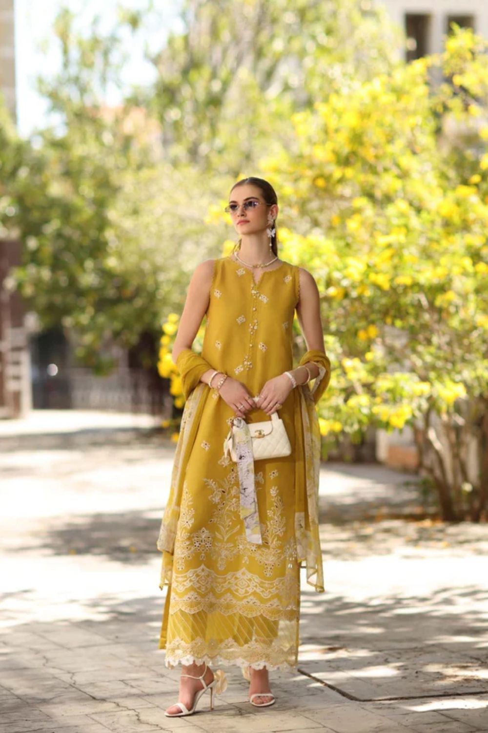 Noor By Saadia Asad Embroidered Lawn Suits Unstitched 3 Piece Luxury Collection D1 - B - Mango Yellow