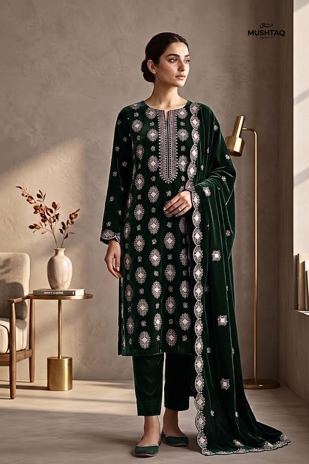 Mushtaq 3Pcs Unstitched Velvet Plain suit Desgin - 2