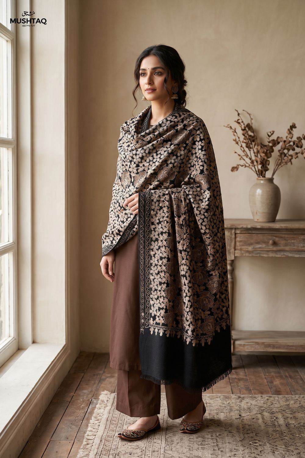 3Pcs Unstitched Pashima Suit With Embroidered Shawl Desgin - 3