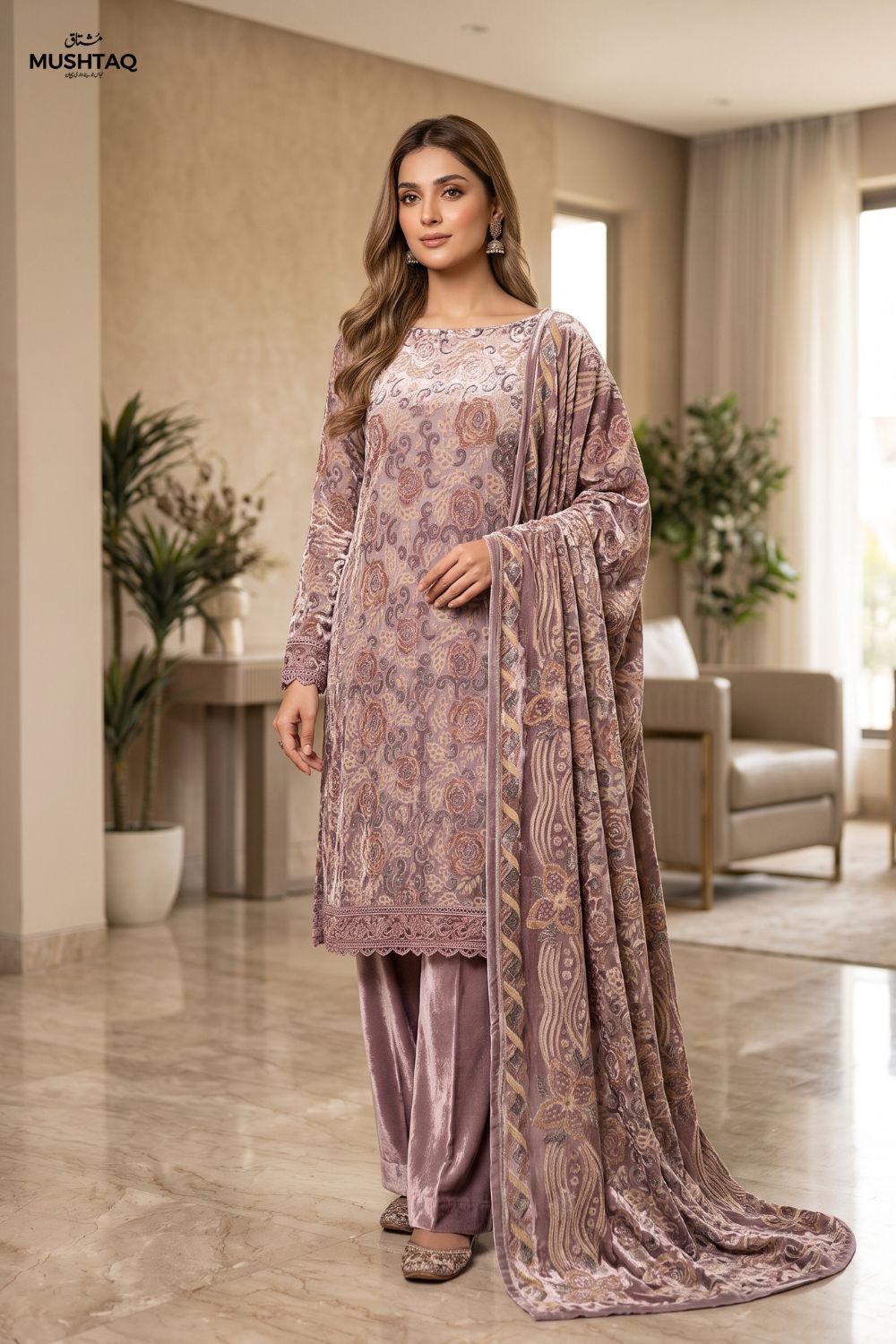 3Pcs Unstitched Printed Plachi Stuff with Shaneel velvet trouser Desgin - 3