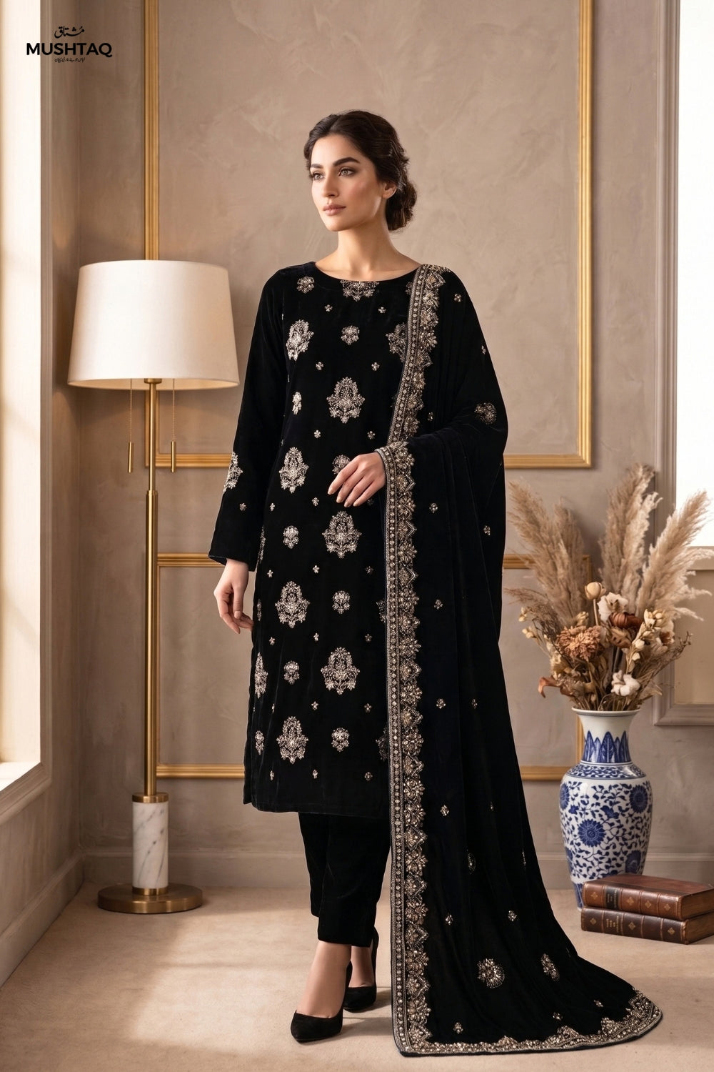 Mushtaq 3Pcs Unstitched Carman Velvet Fancy suit Desgin - 3