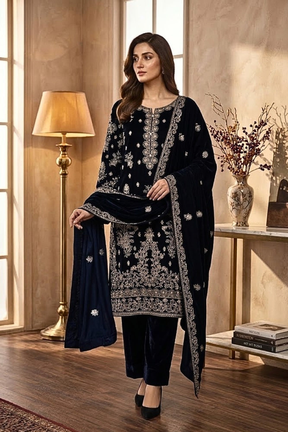 Mushtaq 3Pcs Unstitched Velvet Fancy suit Desgin - 2