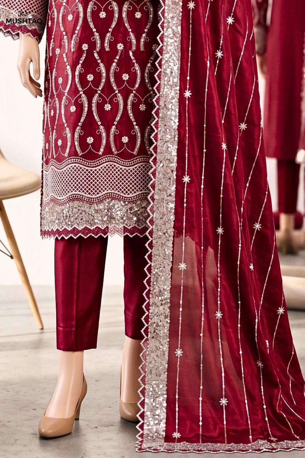 Mushtaq Chandni Collection 4Pcs Unstitched Cutdana fancy suit moti work Silk Desgin - 3