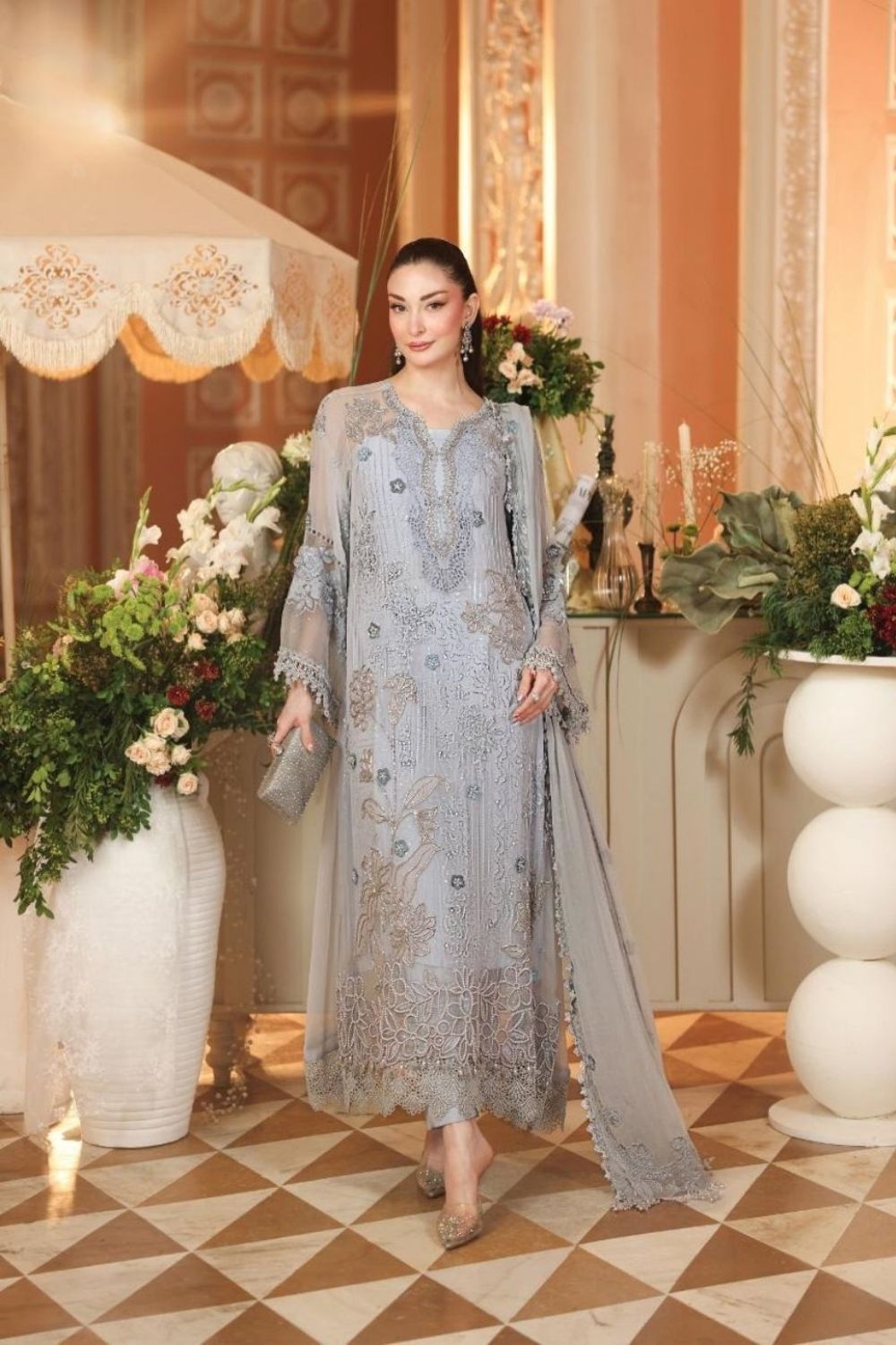 Maria B Royale Tea Affair 3 Piece Unstitched Embroidered Luxury Chiffon Suit MPC-26-206-Muted Blue