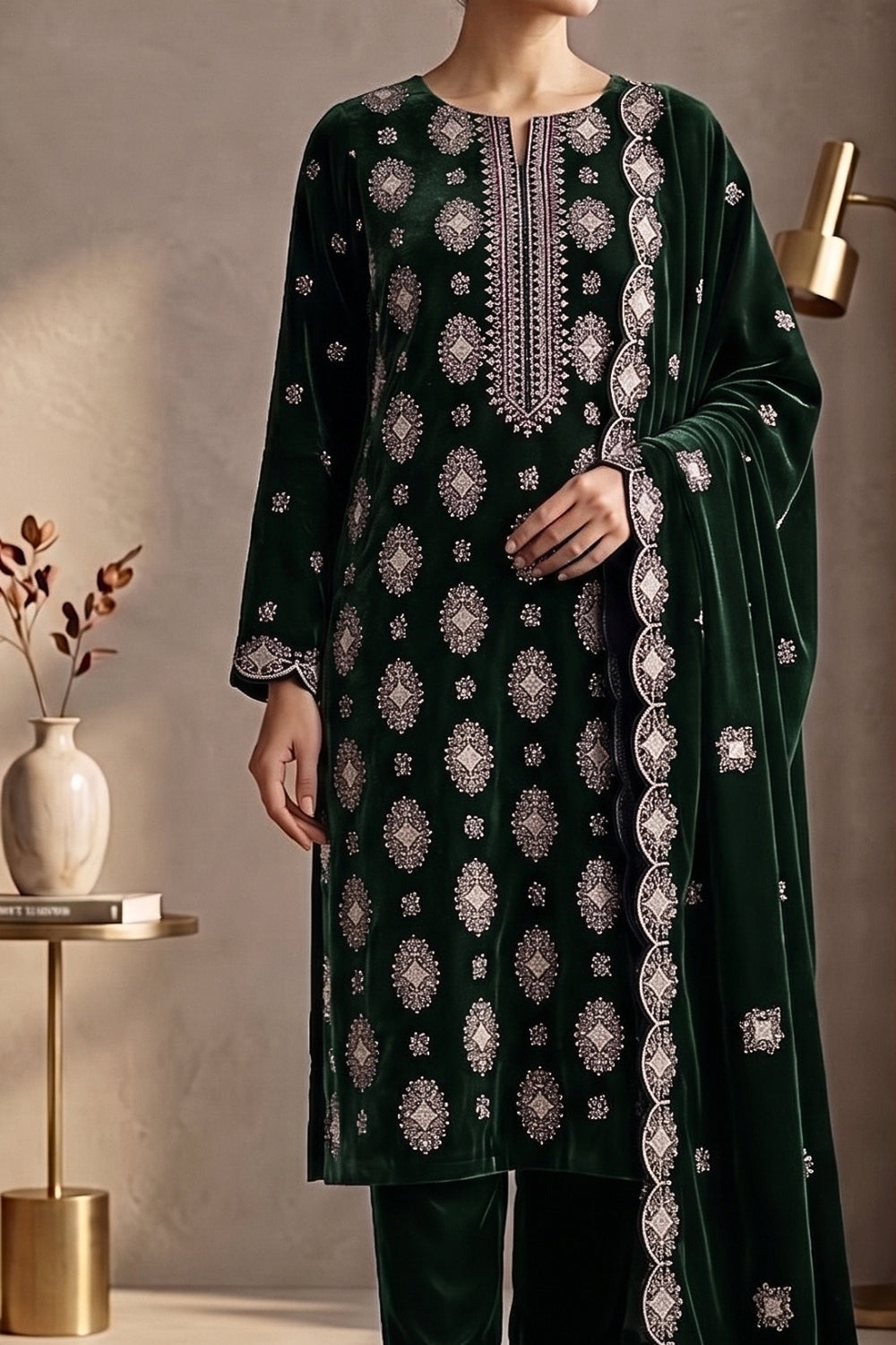 Mushtaq 3Pcs Unstitched Velvet Plain suit Desgin - 2