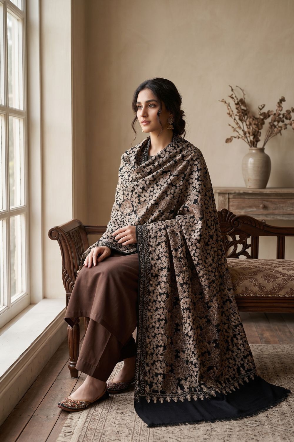 3Pcs Unstitched Pashima Suit With Embroidered Shawl Desgin - 3