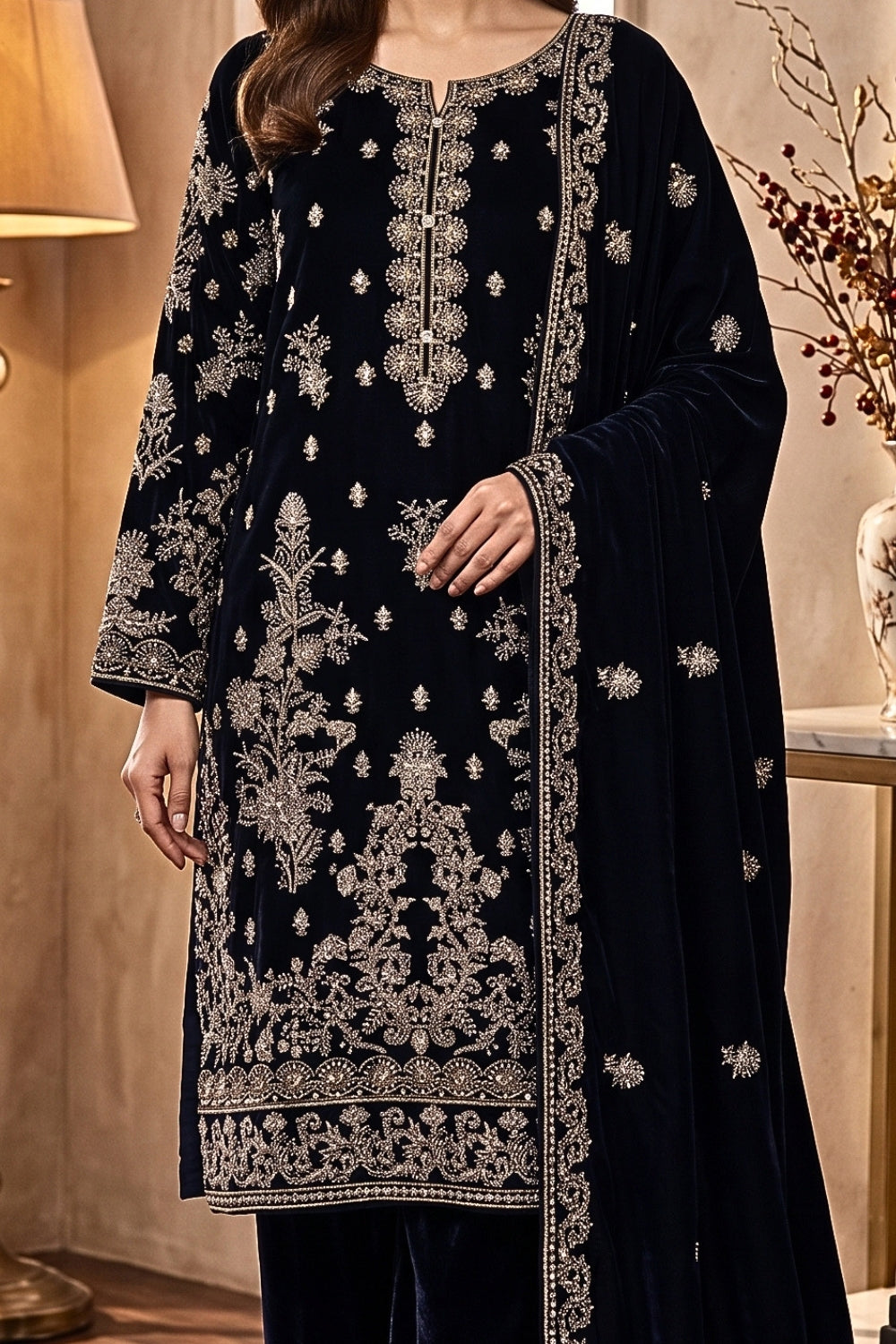 Mushtaq 3Pcs Unstitched Velvet Fancy suit Desgin - 2