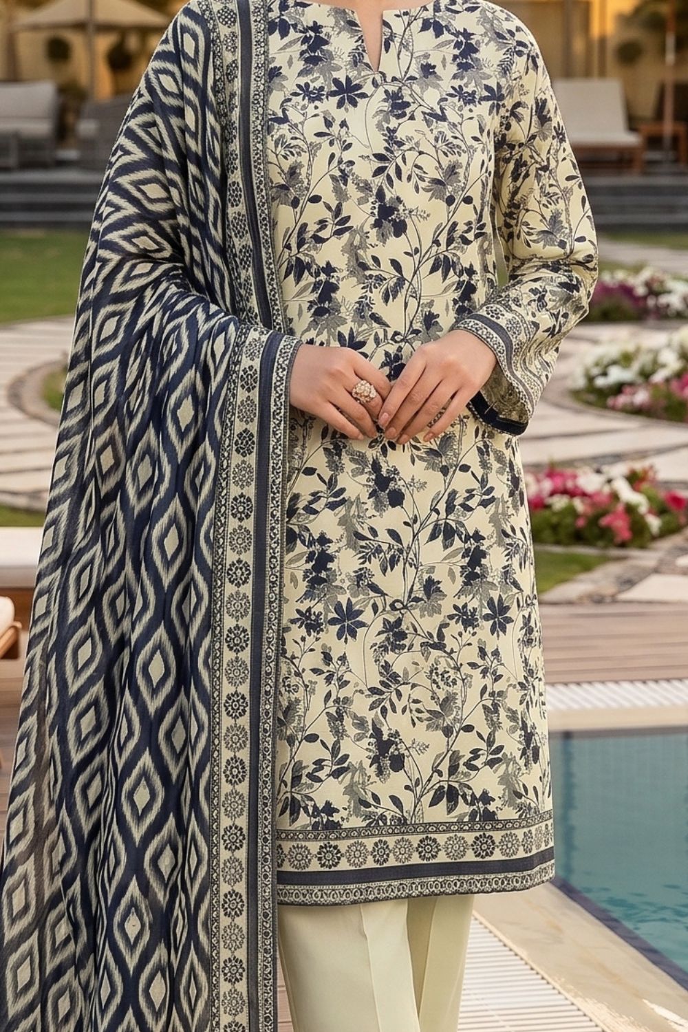 Mushtaq 3Pcs Unstitched Printed Lawn Hoorain Collection Desgin - 2