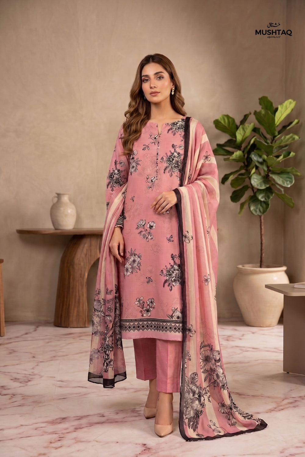 Mushtaq 3Pcs Unstitched Printed Viscouse Linen Suit with chiffon duppata Noor-e-Aroos Collection Desgin - 3