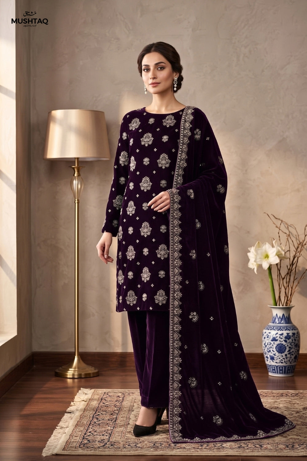 Mushtaq 3Pcs Unstitched Carman Velvet Fancy suit Desgin - 4