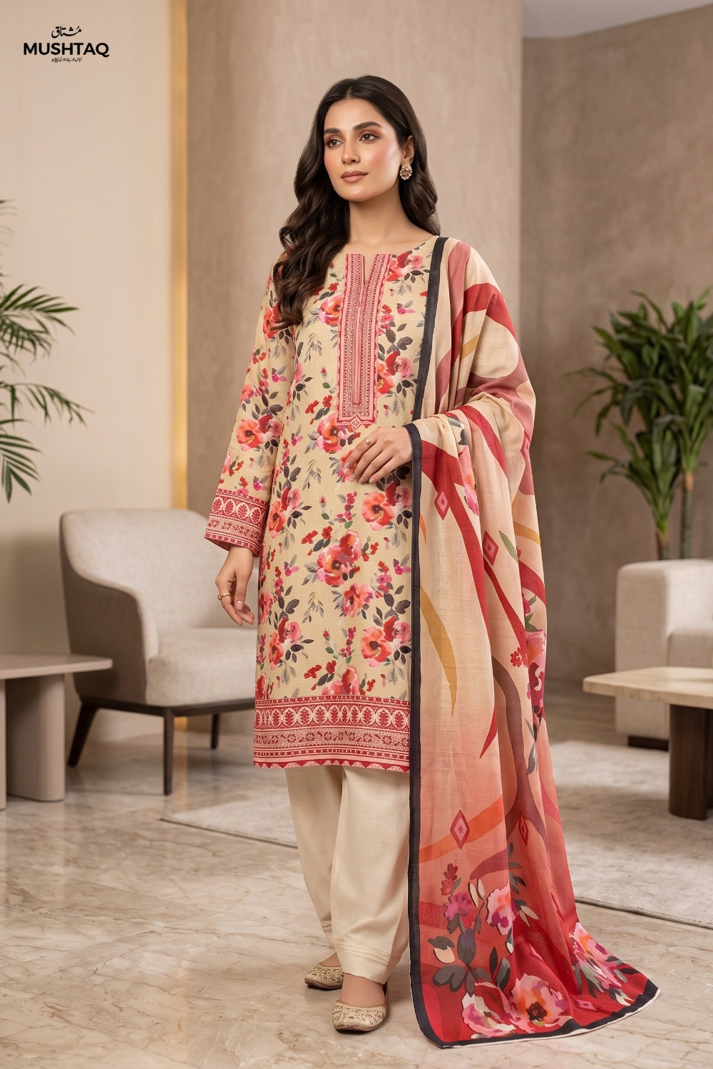 Mushtaq 3Pcs Unstitched Printed Slub Linen Aiza Collection Desgin - 3