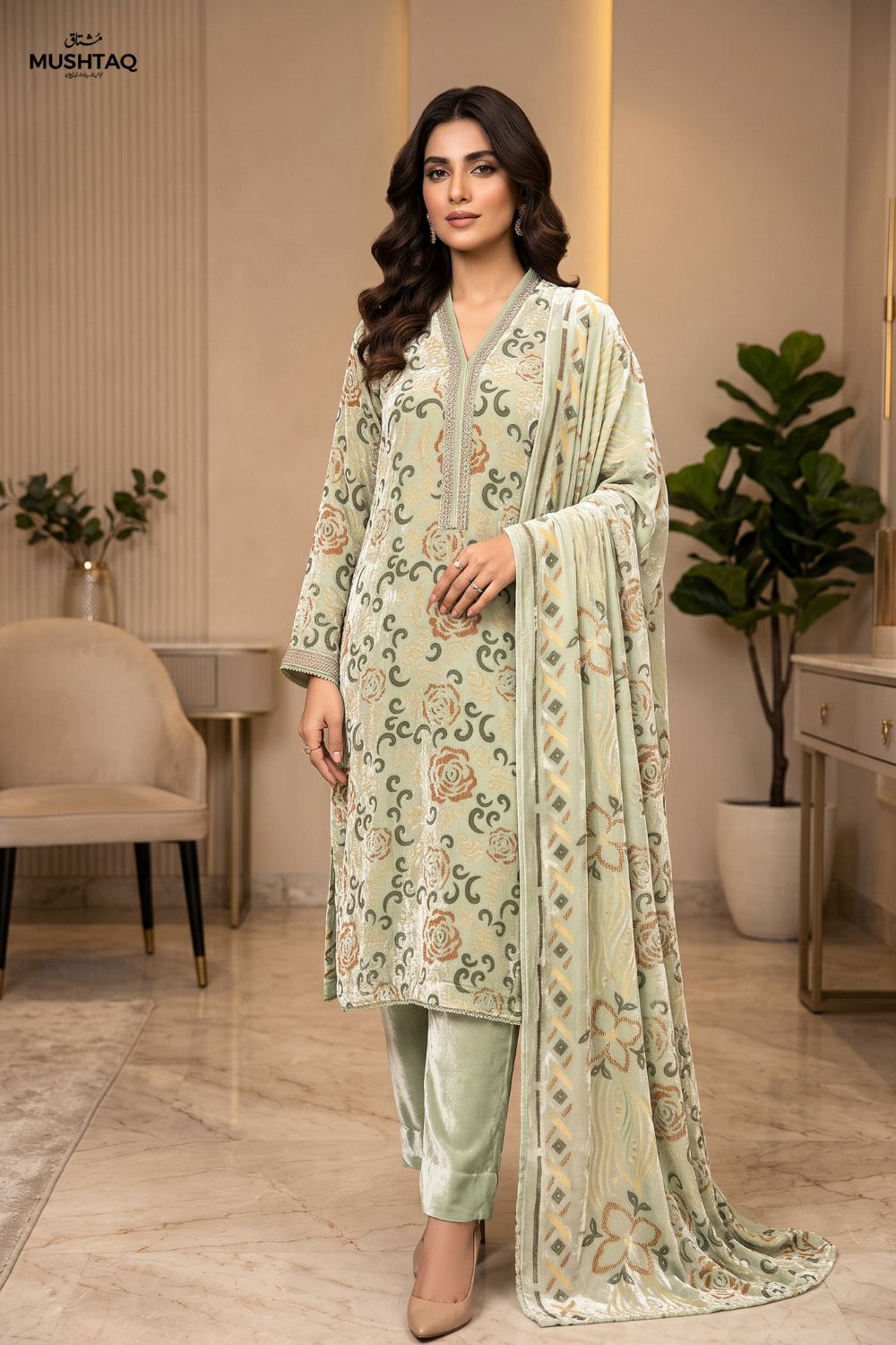 3Pcs Unstitched Printed Plachi Stuff with Shaneel velvet trouser Desgin - 4