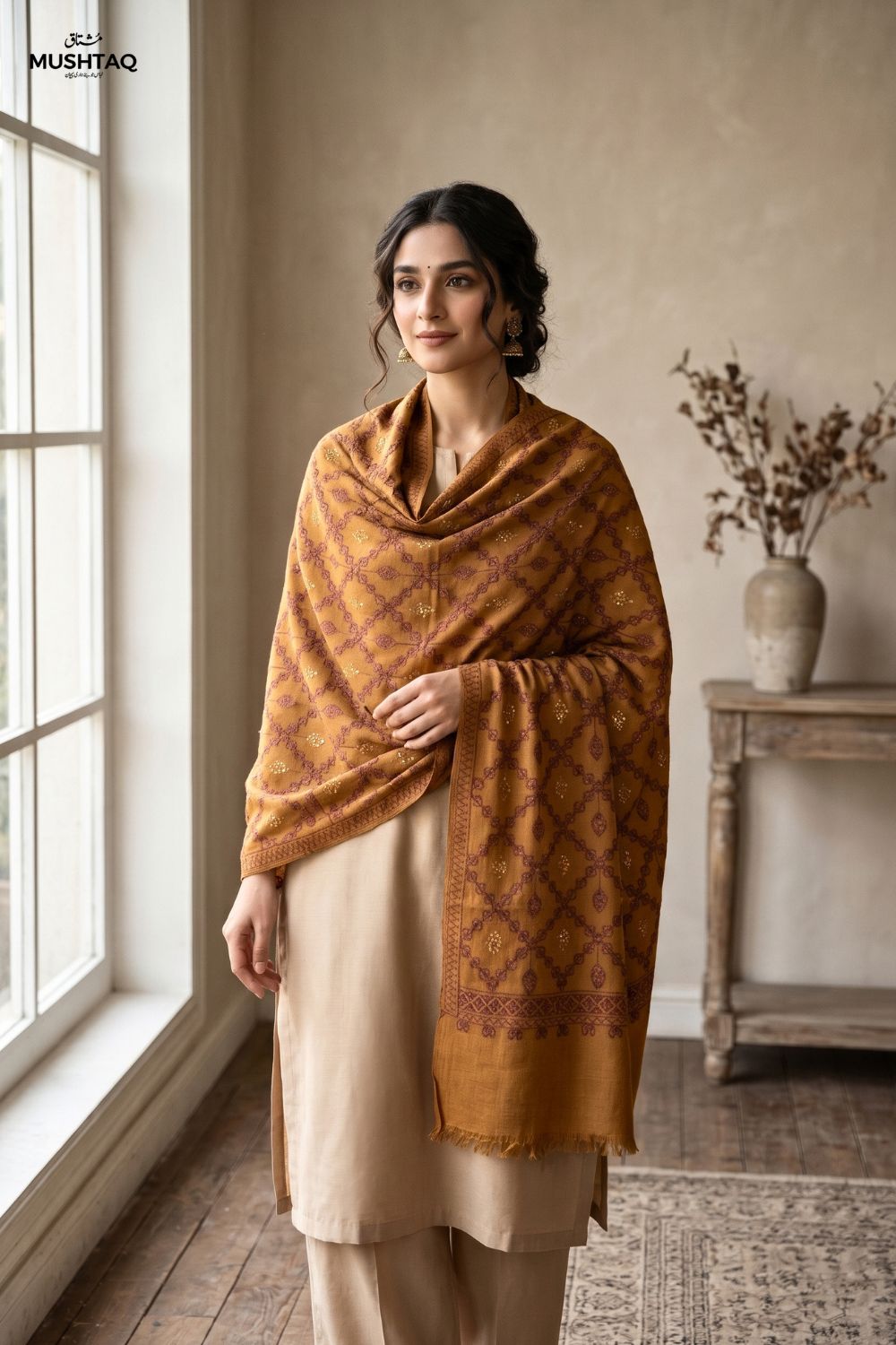 3Pcs Unstitched Pashima Suit With Embroidered Shawl Desgin - 4