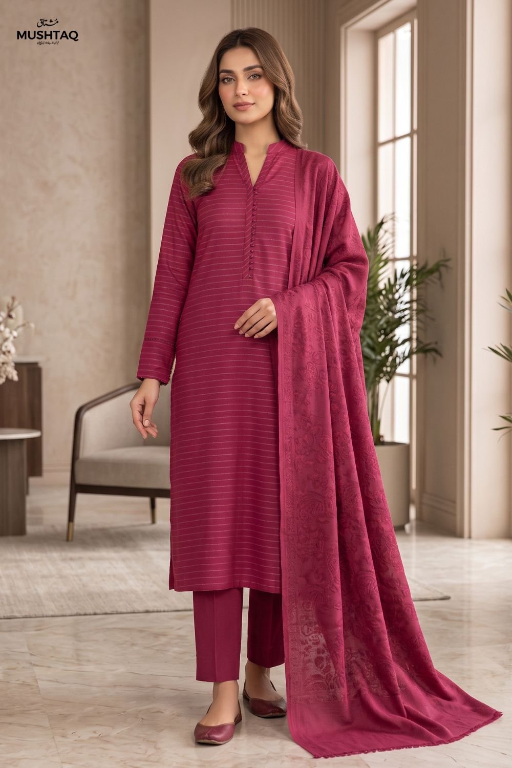 Mushtaq 3Pcs Unstitched Marina suit with Wool Shawl Ayzel Collection Desgin - 4
