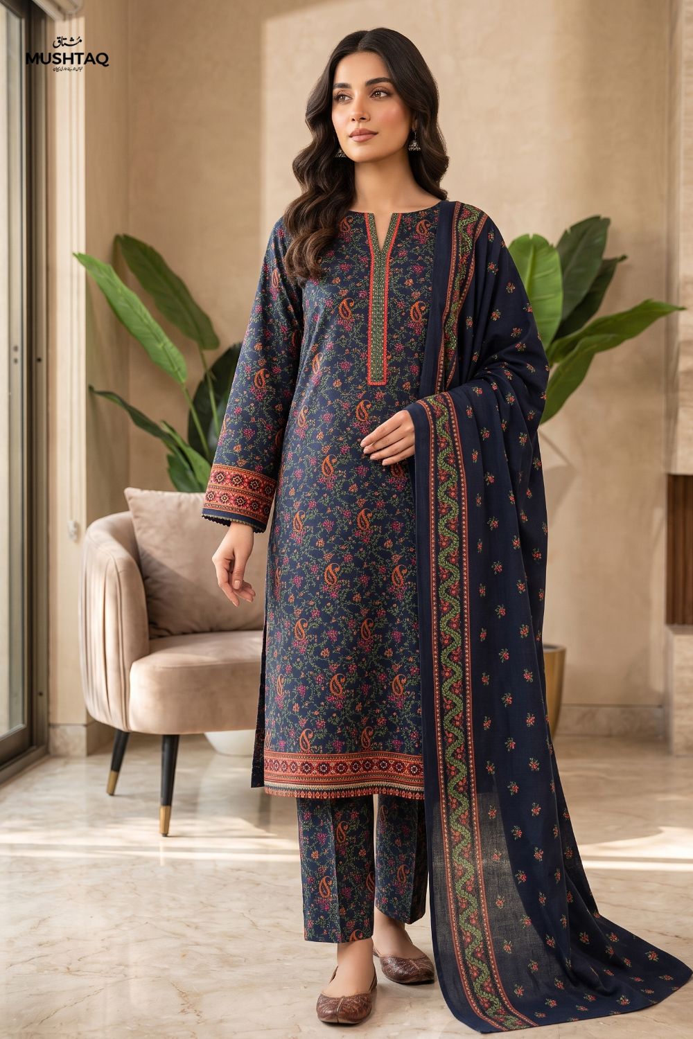 Mushtaq 3Pcs Unstitched Printed Khaddar Mehrza Collection Desgin - 3