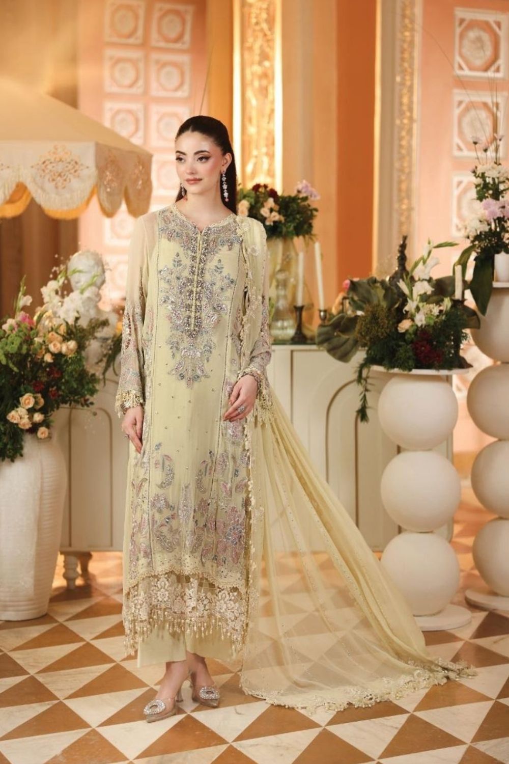 Maria B Royale Tea Affair 3 Piece Unstitched Embroidered Luxury Chiffon Suit MPC-26-208-Pastle Sunshine