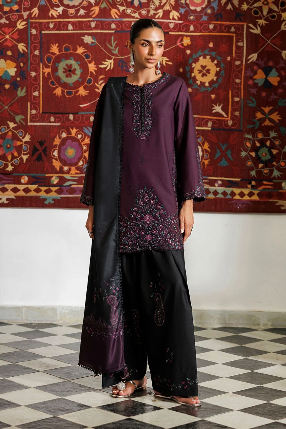 Iznik 3Pc Unstitched Embroidered Printed Viscose Linen Suit IPF-22