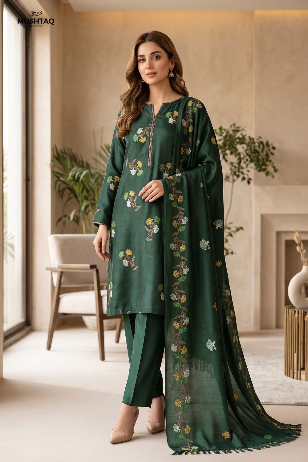 3Pcs Unstitched Printed China Patti With Wool Shawl Desgin - 4