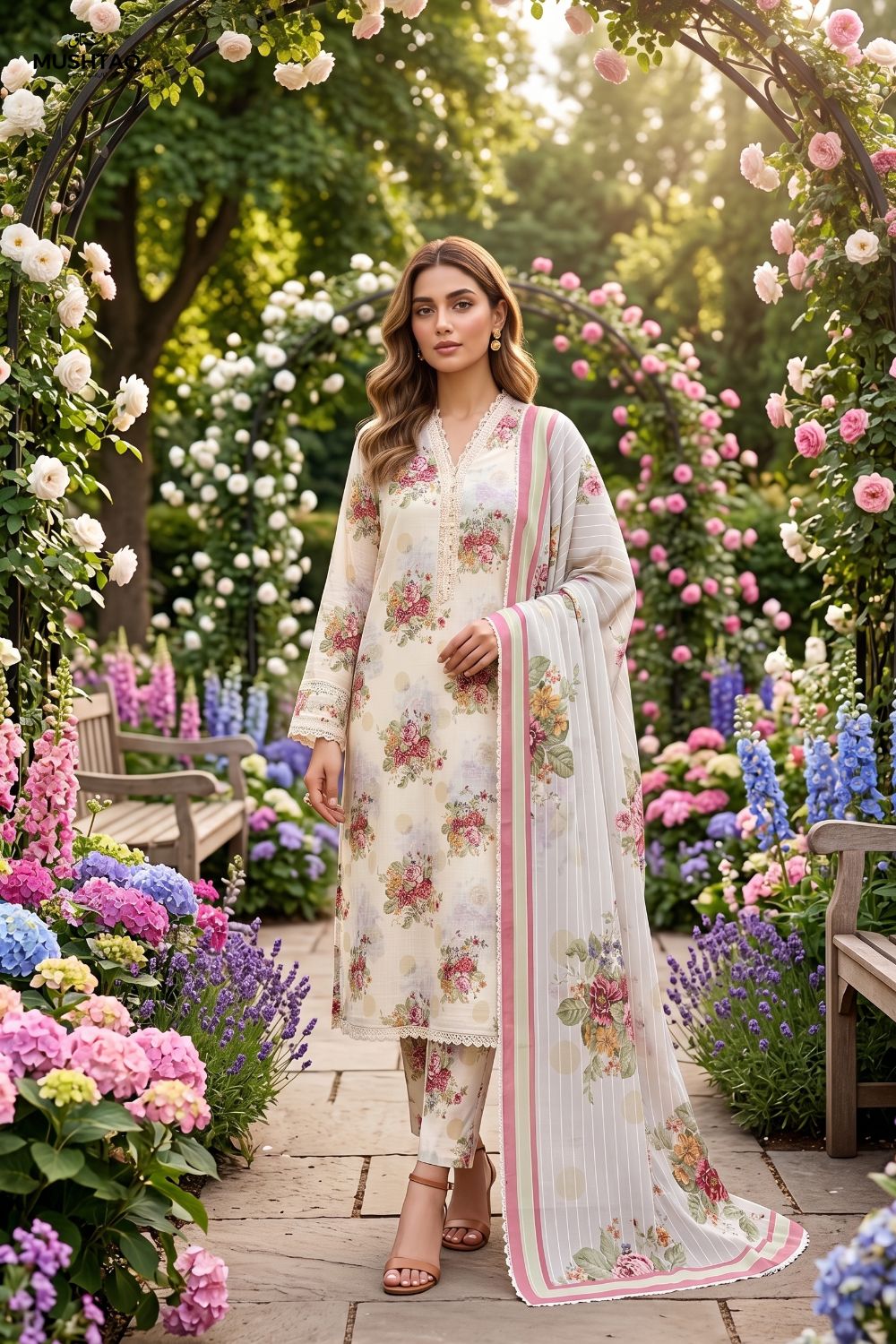 Mushtaq 3Pcs Unstitched Printed Lawn Ansaa Collection Desgin - 3