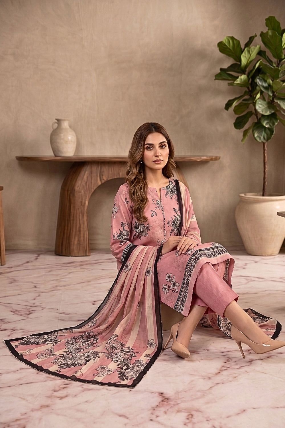 Mushtaq 3Pcs Unstitched Printed Viscouse Linen Suit with chiffon duppata Noor-e-Aroos Collection Desgin - 3
