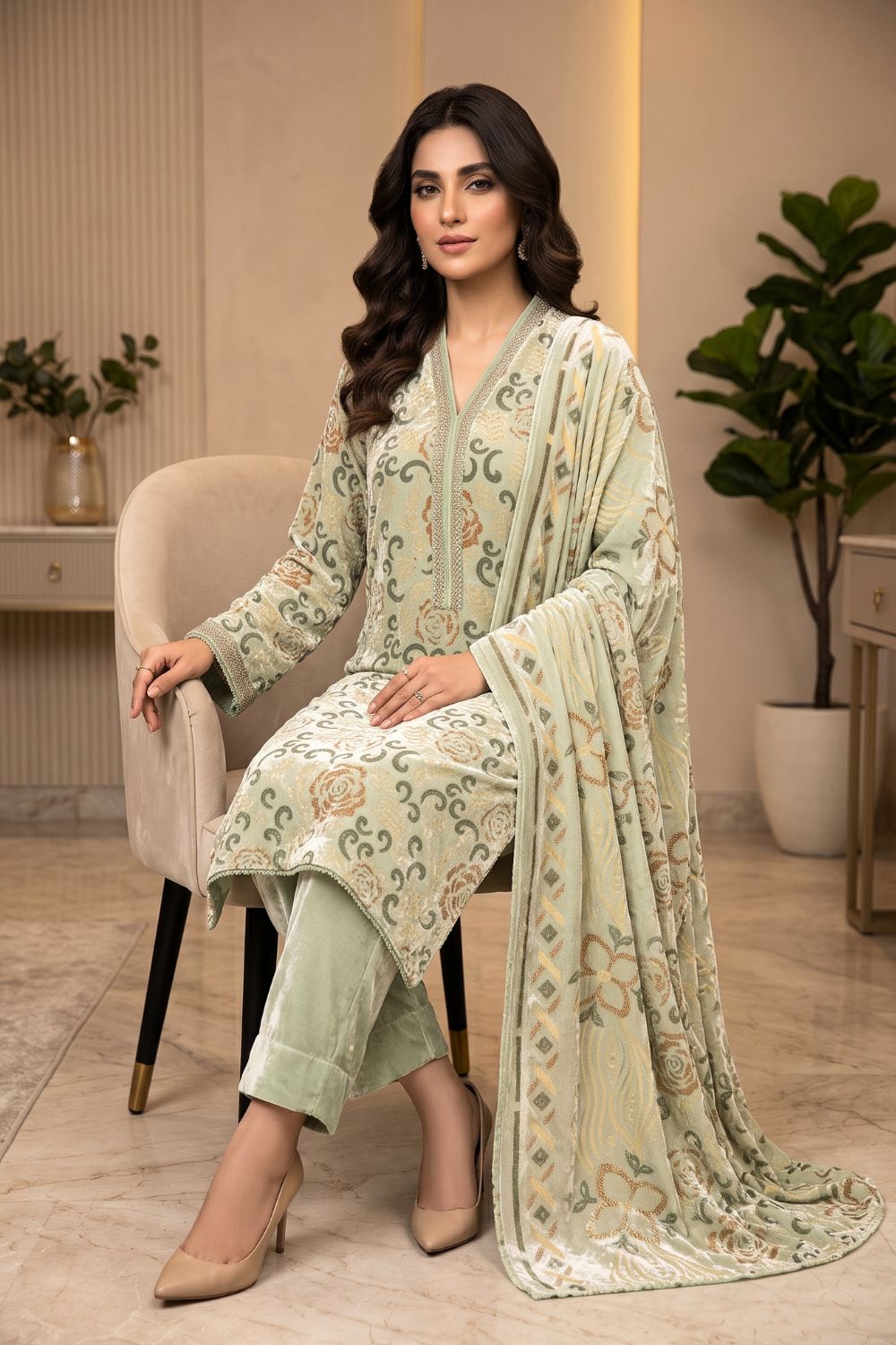 3Pcs Unstitched Printed Plachi Stuff with Shaneel velvet trouser Desgin - 4