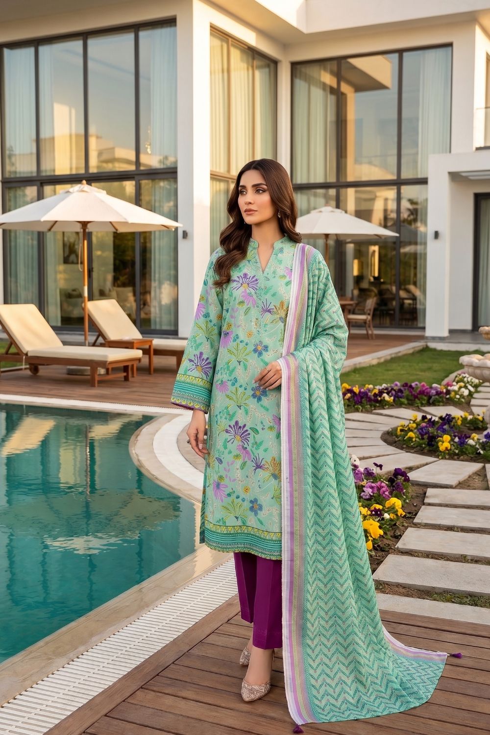 Mushtaq 3Pcs Unstitched Printed Lawn Sapphire Collection Desgin - 13