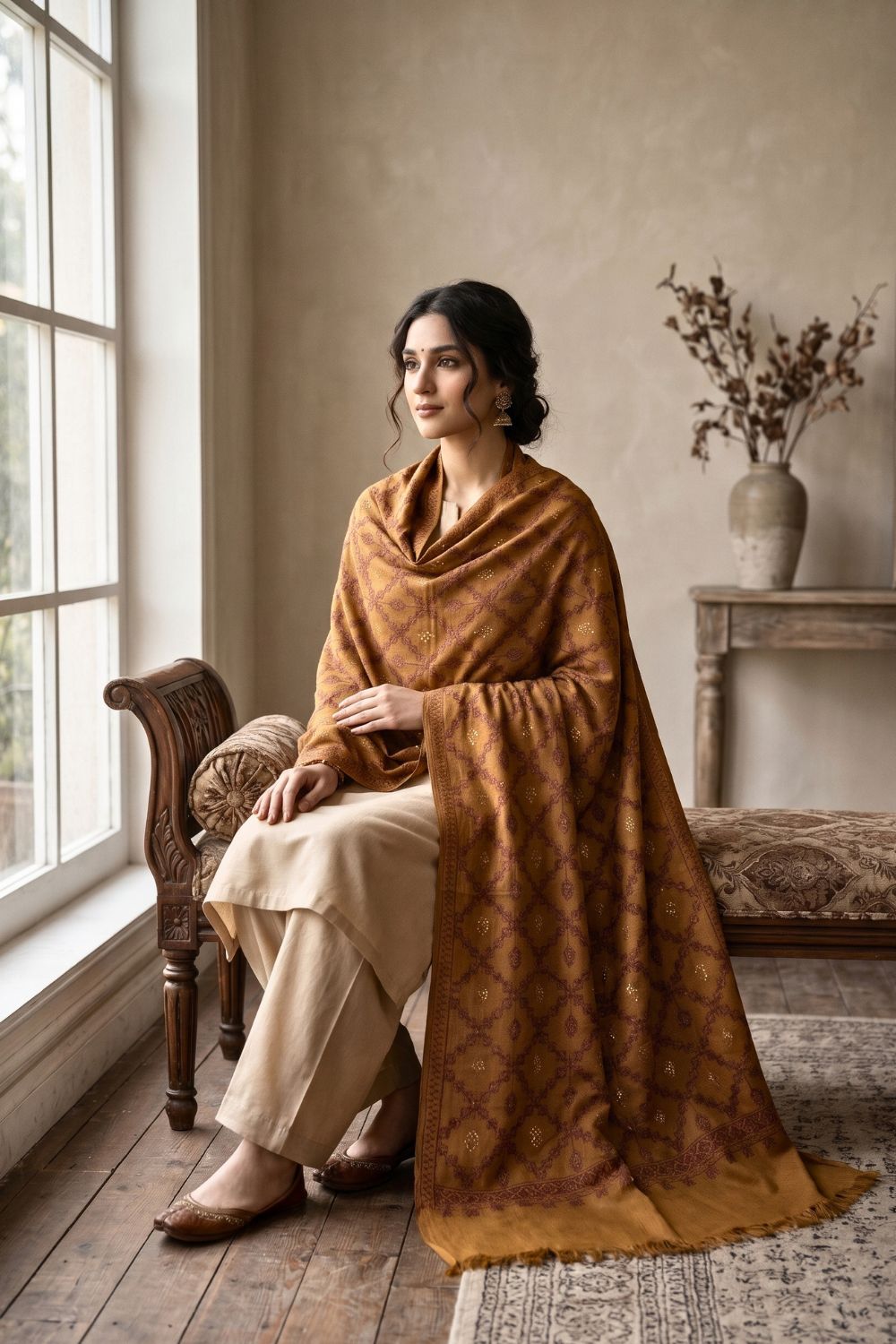 3Pcs Unstitched Pashima Suit With Embroidered Shawl Desgin - 4