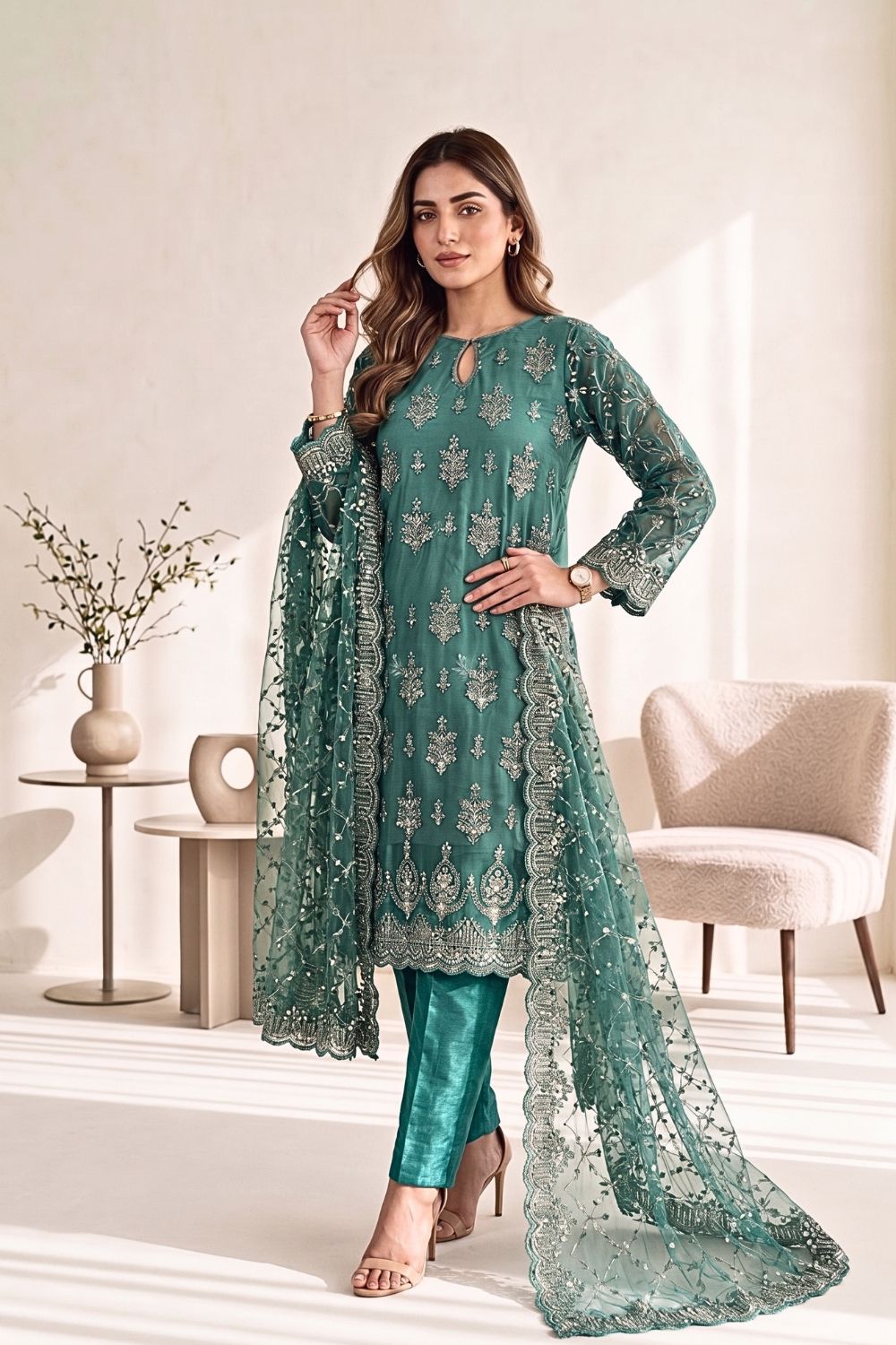 Mushtaq 3Pcs Unstitched Net Suit with Moti work Jasmine Party Wear Collection Desgin - 3