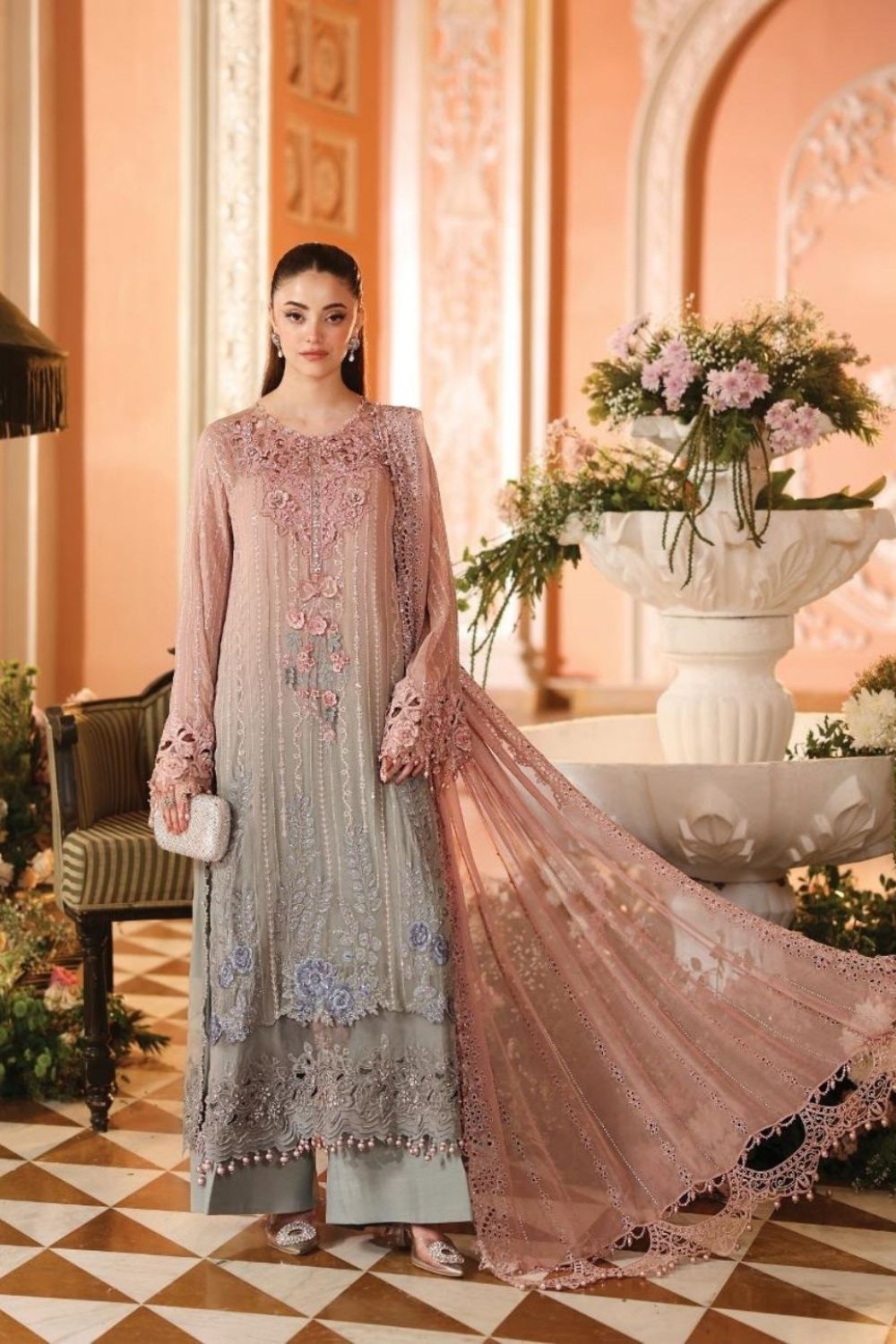 Maria B Royale Tea Affair 3 Piece Unstitched Embroidered Luxury Chiffon Suit MPC-26-202-Ombre Blossom