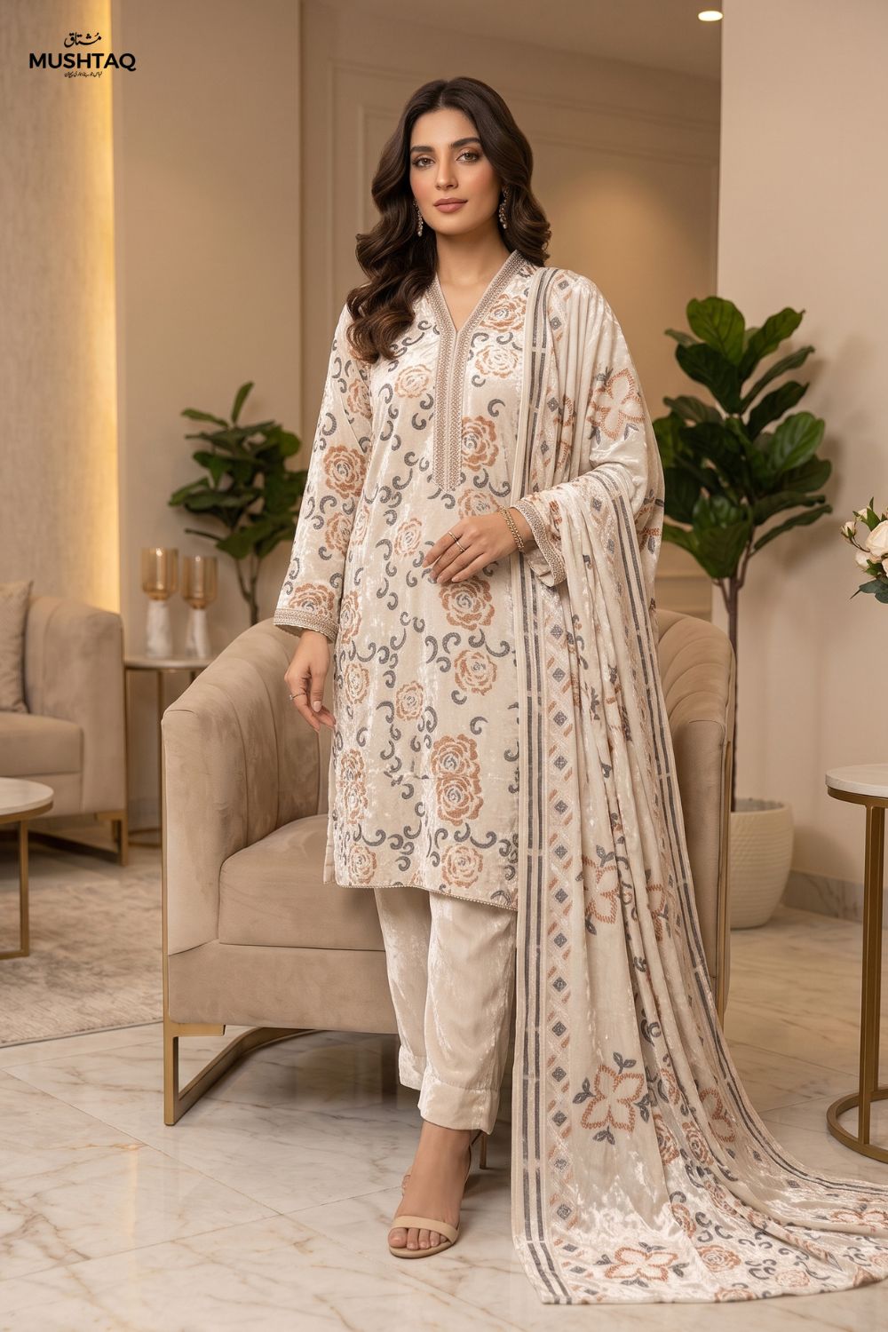 3Pcs Unstitched Printed Plachi Stuff with Shaneel velvet trouser Desgin - 5