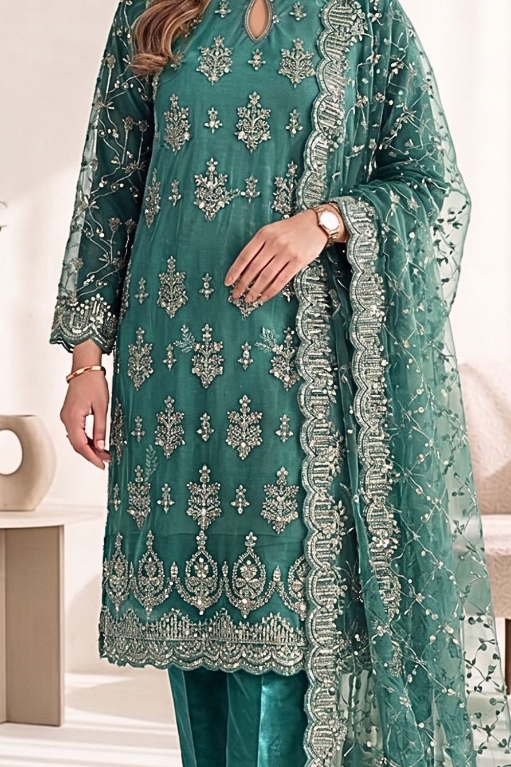 Mushtaq 3Pcs Unstitched Net Suit with Moti work Jasmine Party Wear Collection Desgin - 3
