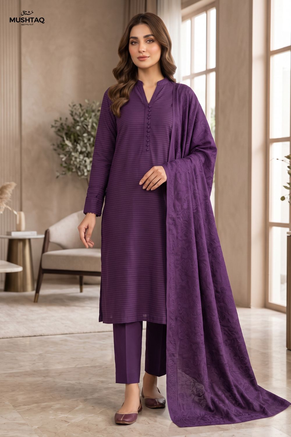Mushtaq 3Pcs Unstitched Marina suit with Wool Shawl Ayzel Collection Desgin - 5