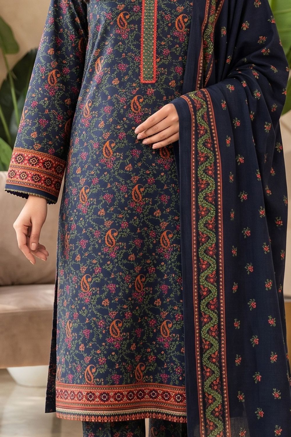 Mushtaq 3Pcs Unstitched Printed Khaddar Mehrza Collection Desgin - 3