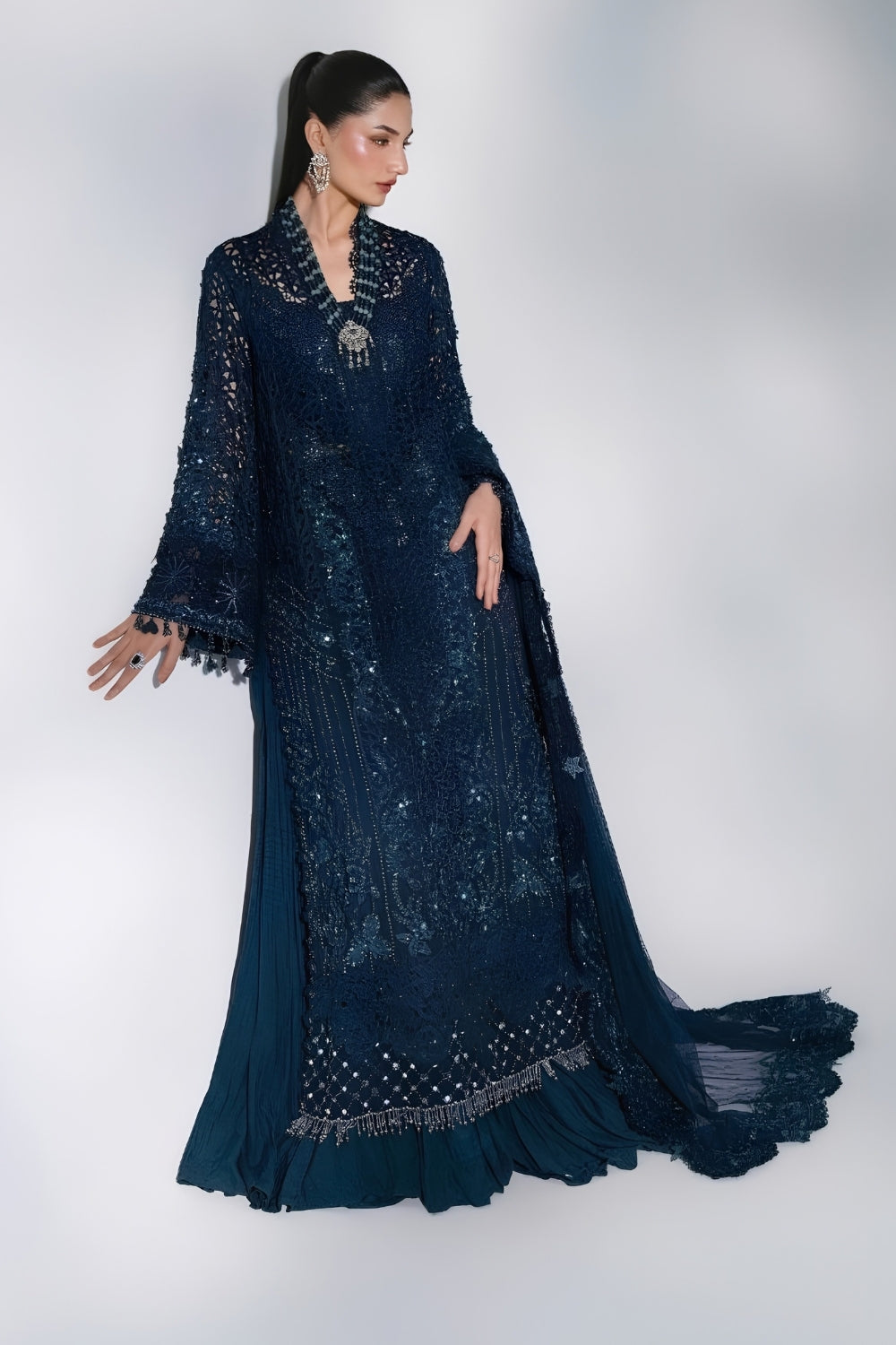 Maria B Mbroidered Unstitched Wedding Edition 3 Piece Unstitched Embroidered Organza Suit Peacock Blue