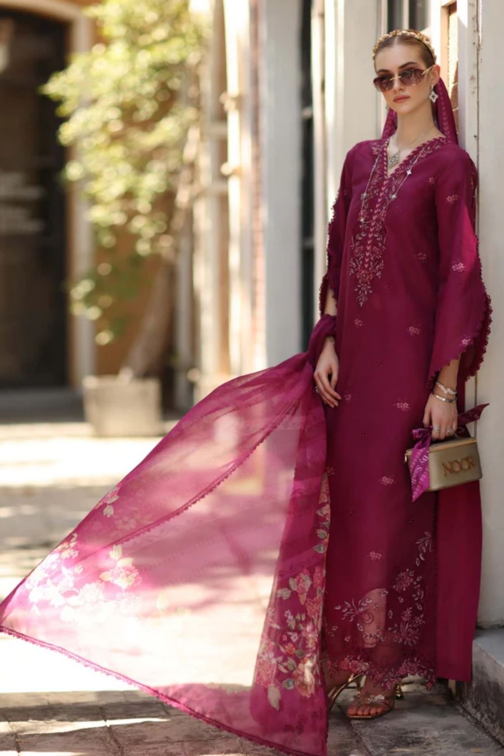 Noor By Saadia Asad Embroidered Lawn Suits Unstitched 3 Piece Luxury Collection D3 - A - Fushia Blush