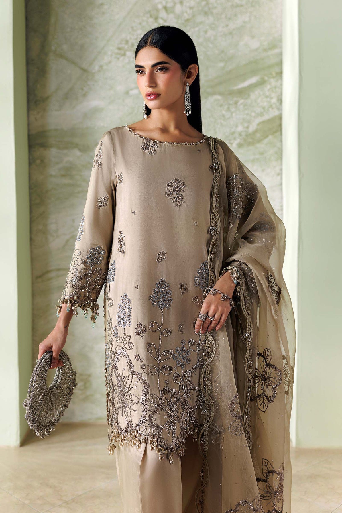 Maria B Soiree Unstitched Formals'26 3 Piece Unstitched Embroidered Tusser Silk Suit SR-01-01-Champagne Beige