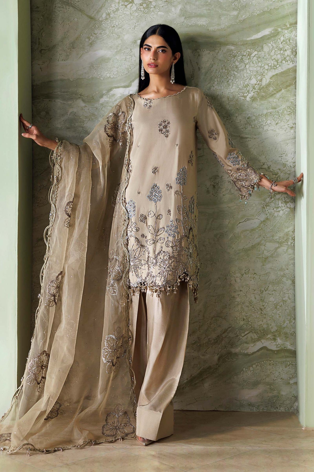 Maria B Soiree Unstitched Formals'26 3 Piece Unstitched Embroidered Tusser Silk Suit SR-01-01-Champagne Beige