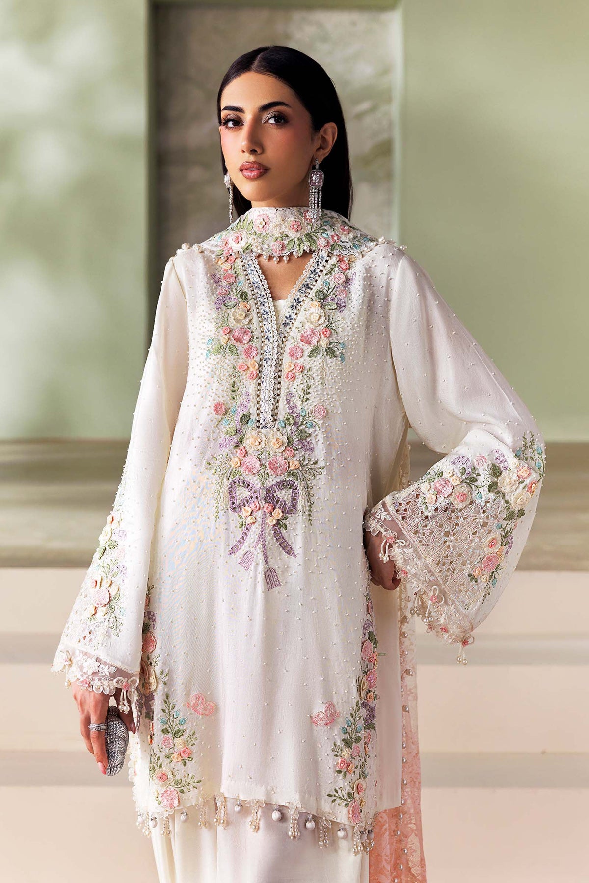 Maria B Soiree Unstitched Formals'26 3 Piece Unstitched Embroidered Tusser Silk Suit SR-01-02-Ivory